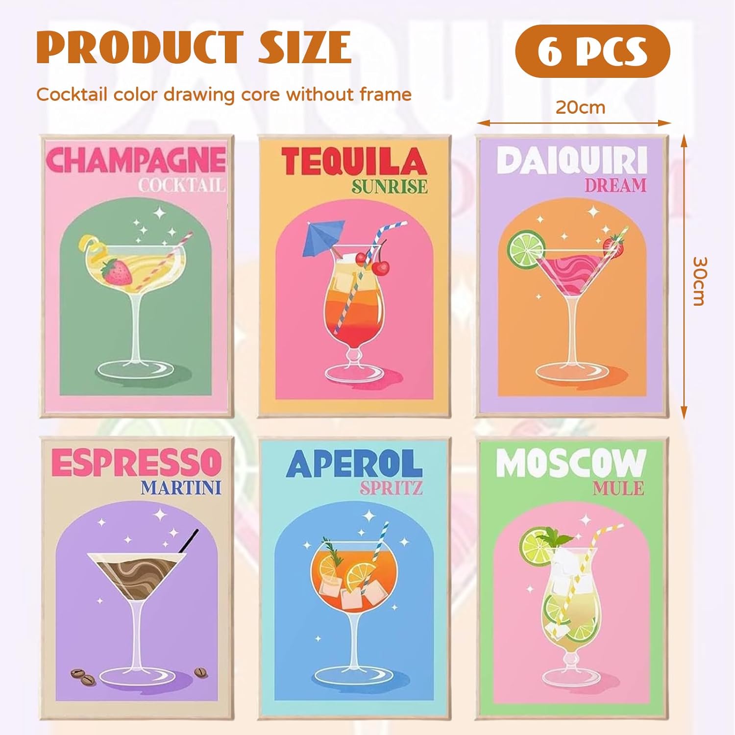 6 pièces Affiches rétro colorées pour Cocktails, Art Mural sur Toile, Impression Amusante de Verre de vin alcoolisé,20x30 cm Non encadrée - 2