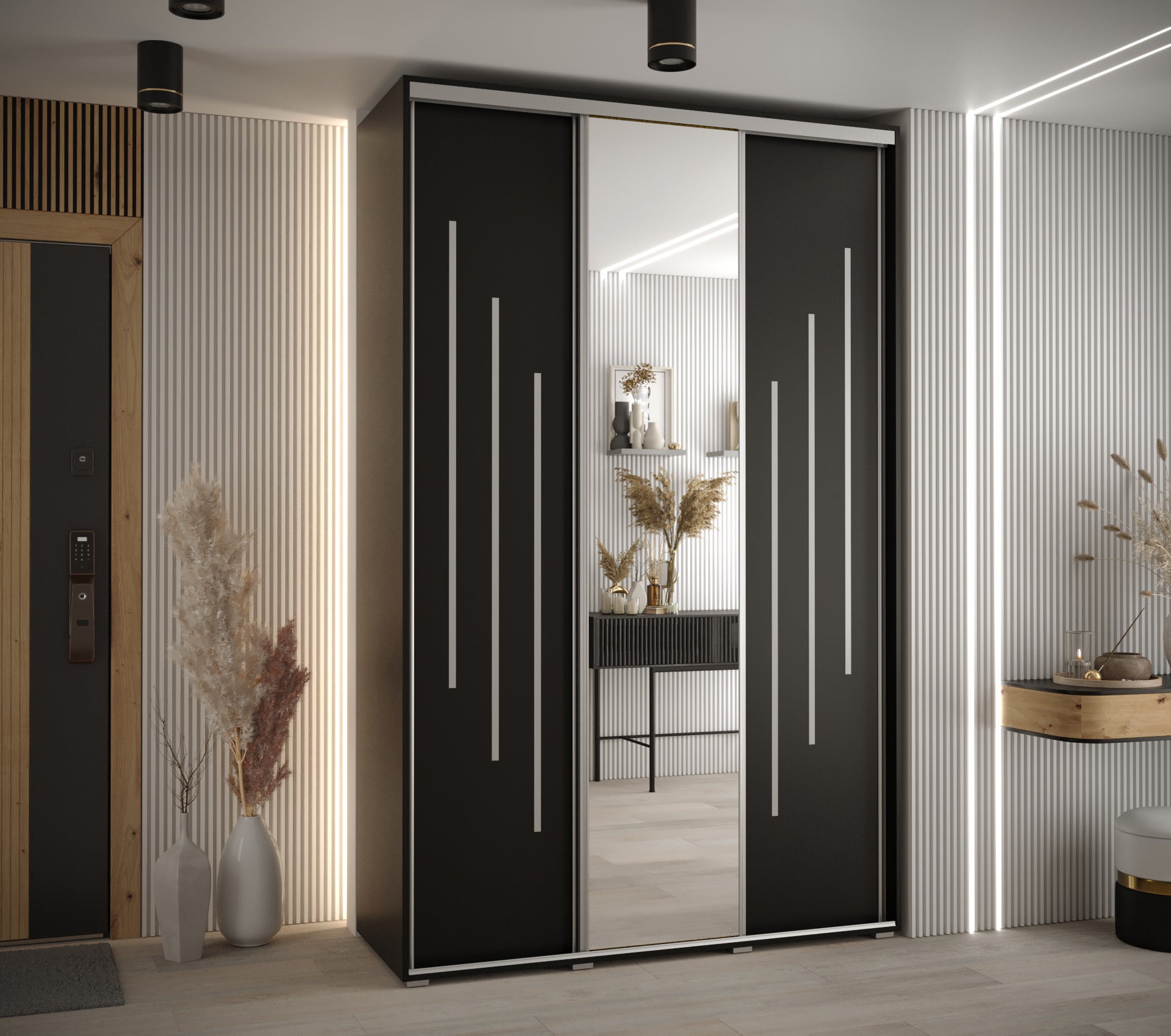 Szafa przesuwna z lustrem wysoka Davos 9 150 x 60 x 235,2 cm czarny + czarny + u. srebrny - Abiks Meble - 2