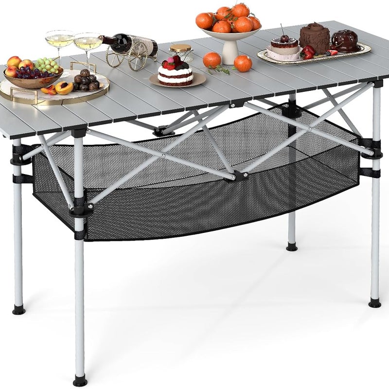 Składany Stół Piknikowy, Zwijana Aluminiowa Regały, Kosz z Siatki, Stół Kempingowy z Torbą Transportową (Srebrny)