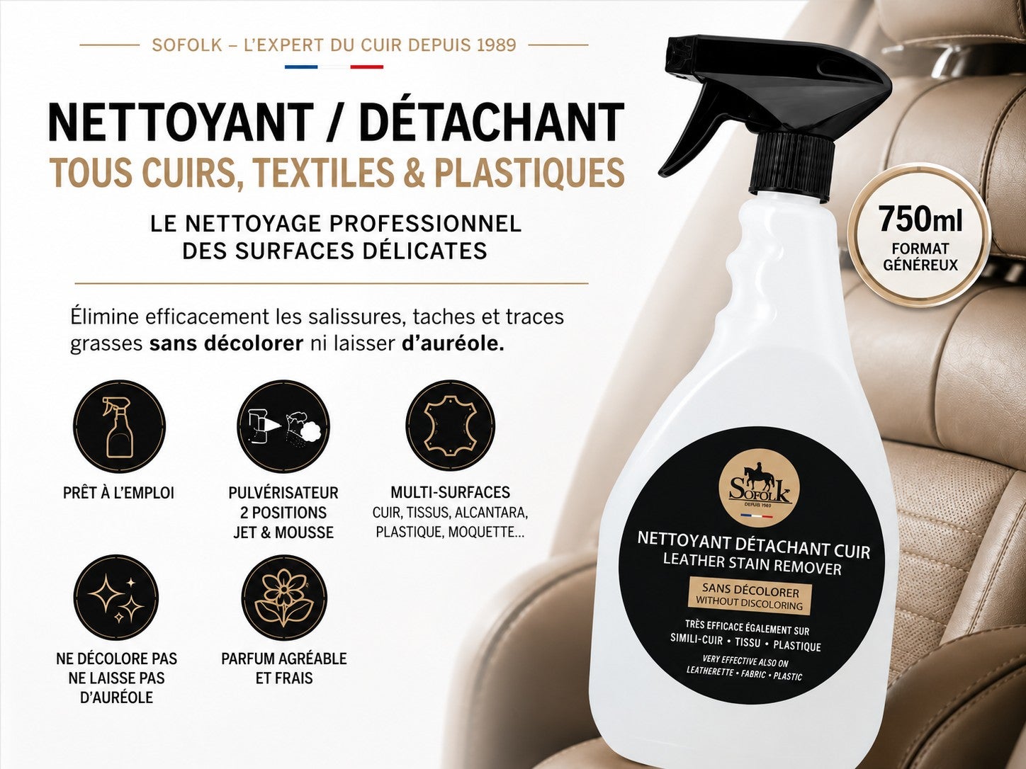 Nettoyant Détachant Puissant : Cuir, Simili-Cuir, Tissu, Nubuck, Daim, Plastique SOFOLK Pulvérisateur 750ml - 2