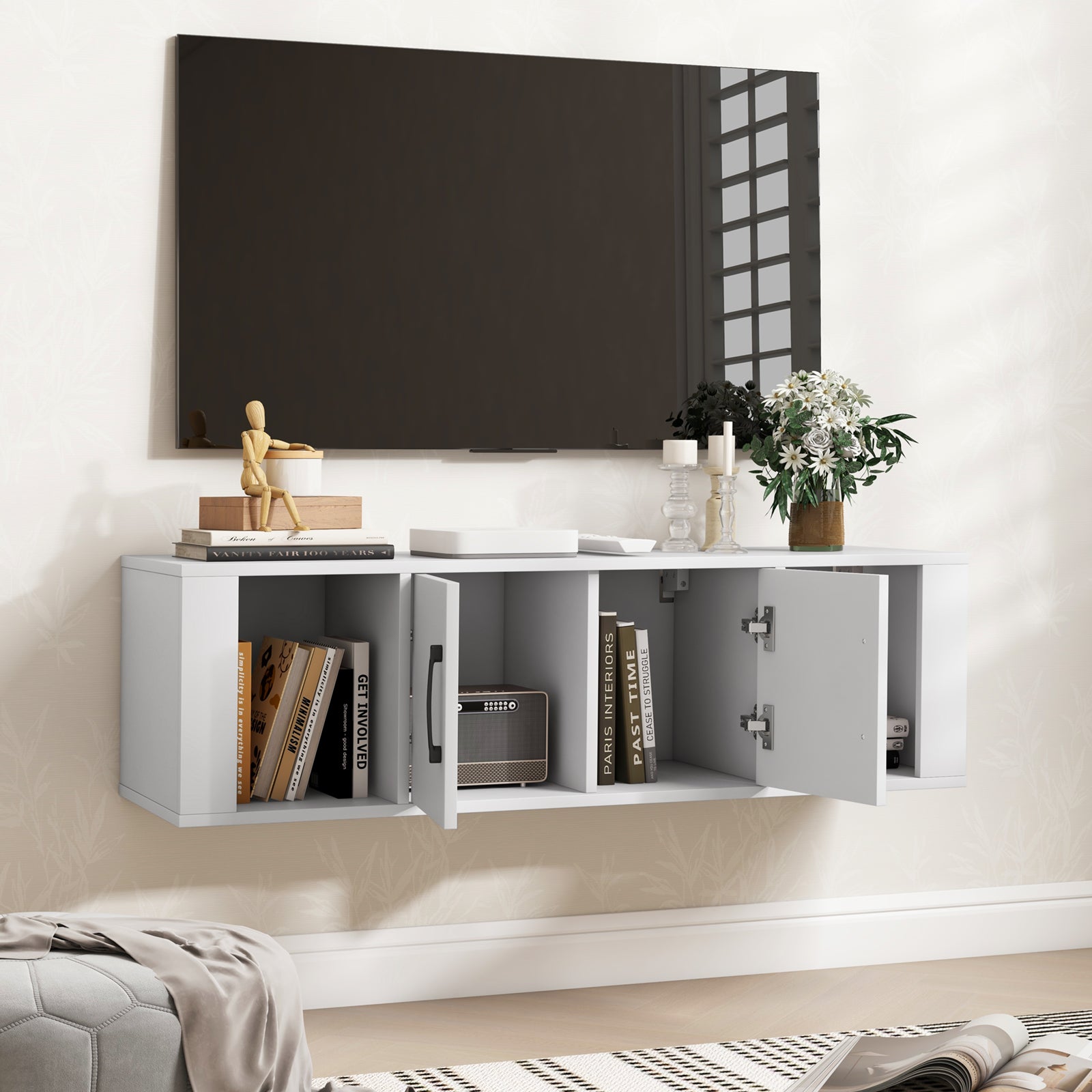 Armoire de Rangement Flottante à 2 Portes, Bureau Suspendu Mural avec 2 Cubes, Meuble de Console sous Télévision, pour Salon, Bureau, Cuisine, Blanc - 7