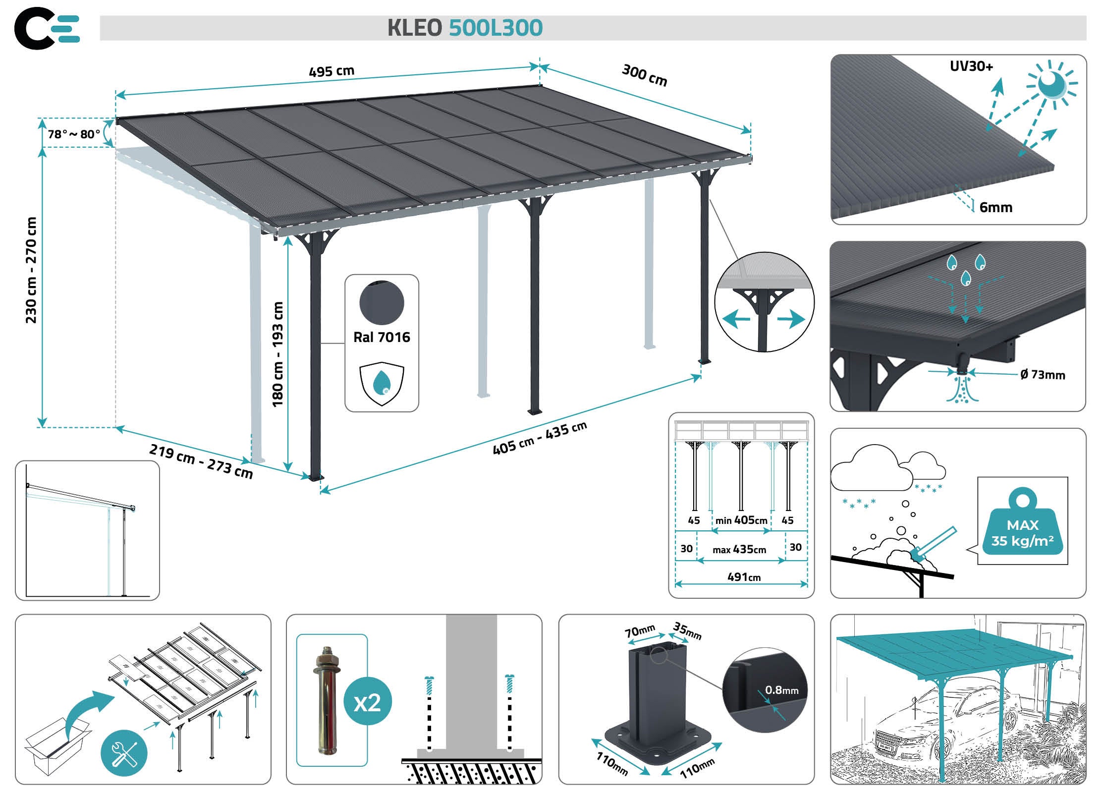 Pergola/Cochera adosada KLEO 5m x 3m aluminio Gris - 2