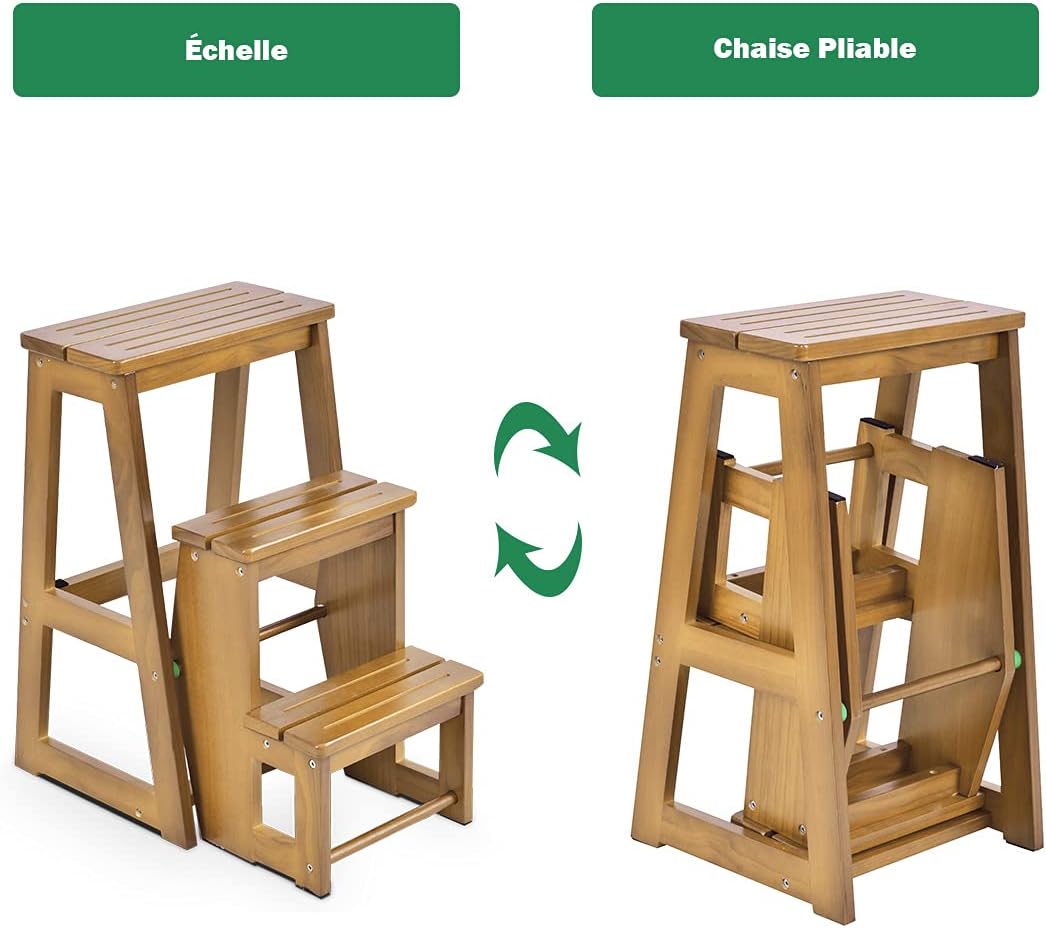 Escabeau Tabouret en bois de Pin, 57 x 39 x 65 CM, Escabeau Pliable 3 Marches, Marchepied Échelle Pliant, Noyer - 7