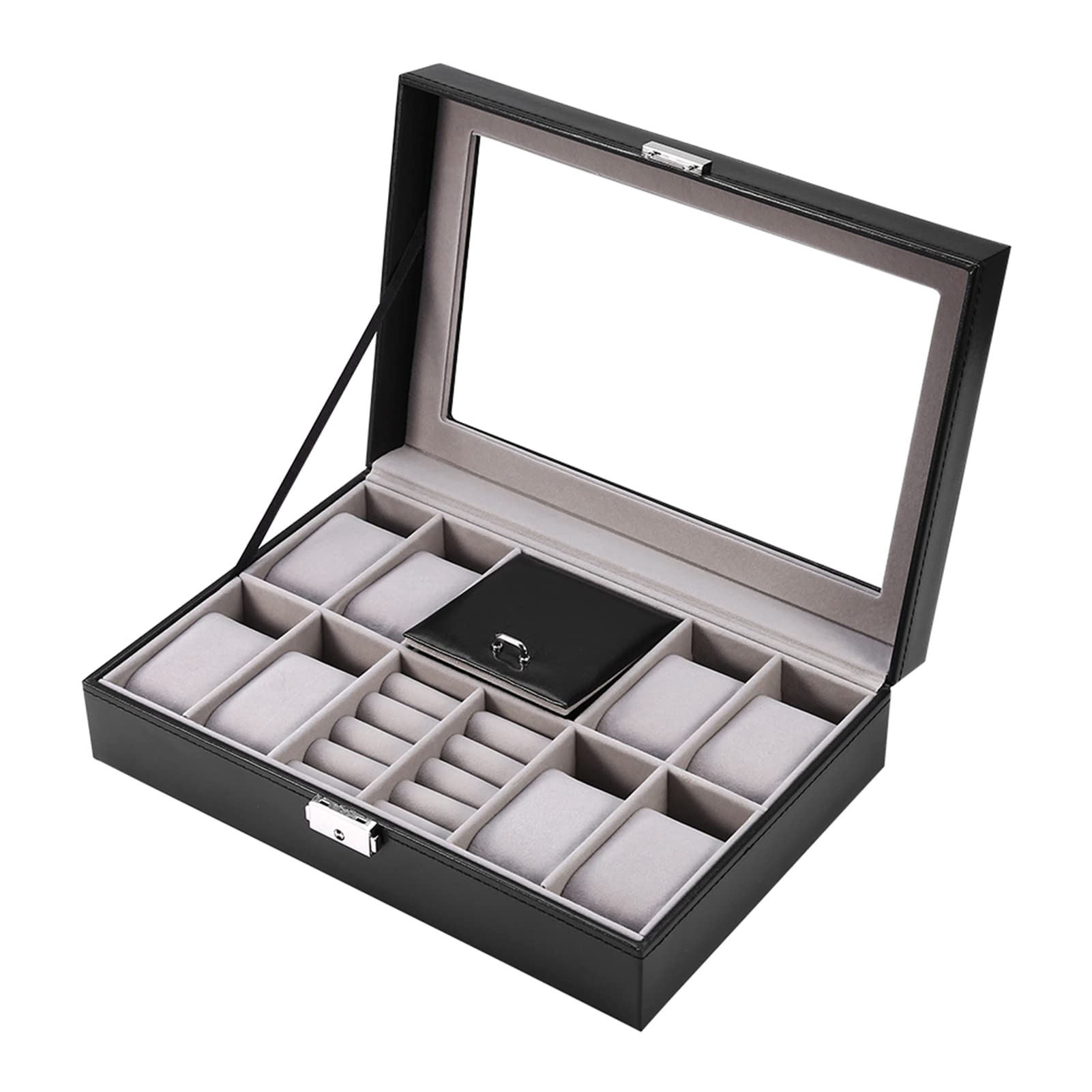 POFET Boîte à Montres 6 Compartiments En Cuir Noir - Coffret Luxe Bois Massif & Velours, Idéal Homme/Femme