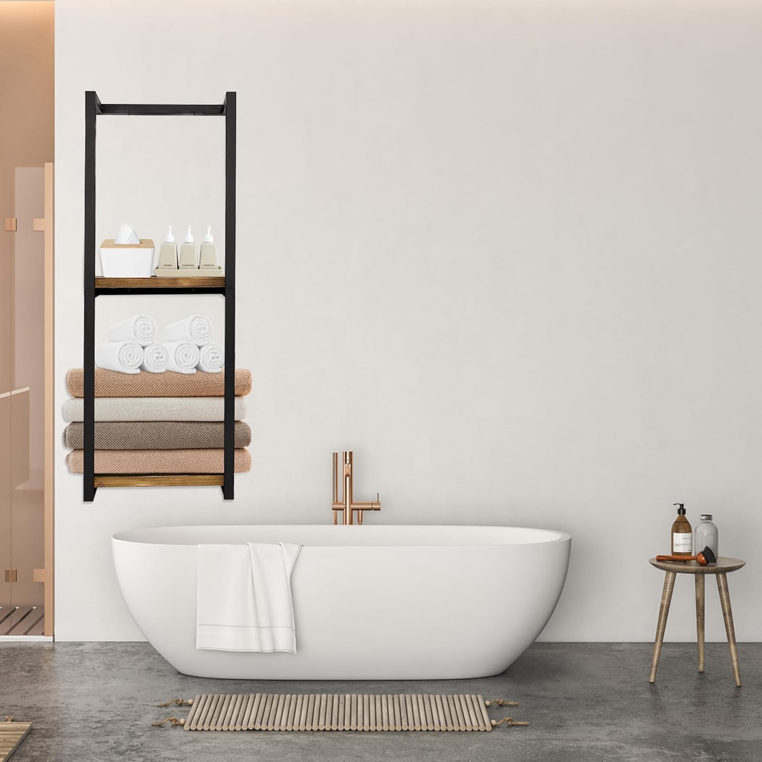Porte-Serviettes Moderne pour Rouleaux - Étagère Murale Salle de Bain Métal avec Plateau Bois 11x5.5x30 Pouces Noir - 4