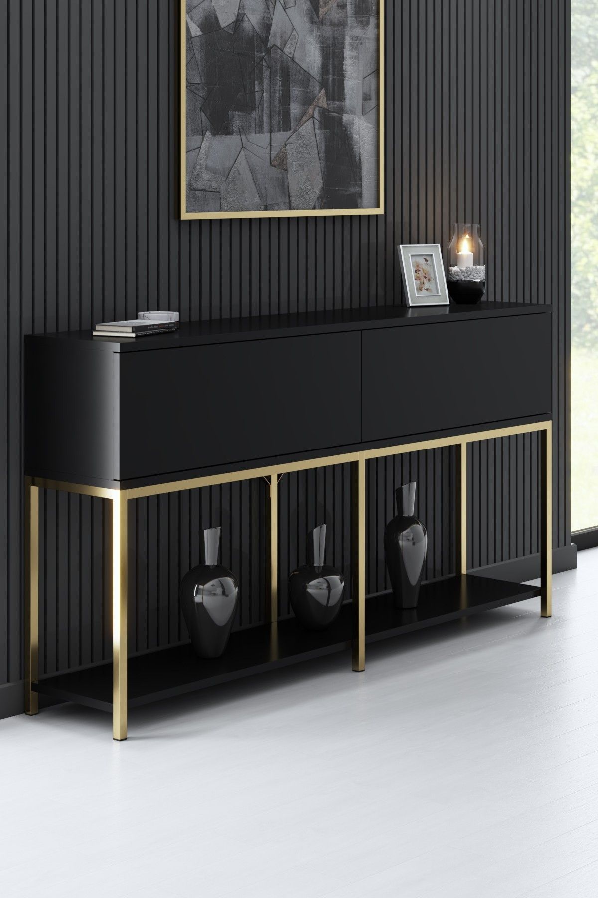 Console Style Console style contemporain Nelly L150cm Bois Noir et Métal Or | Leroy ...