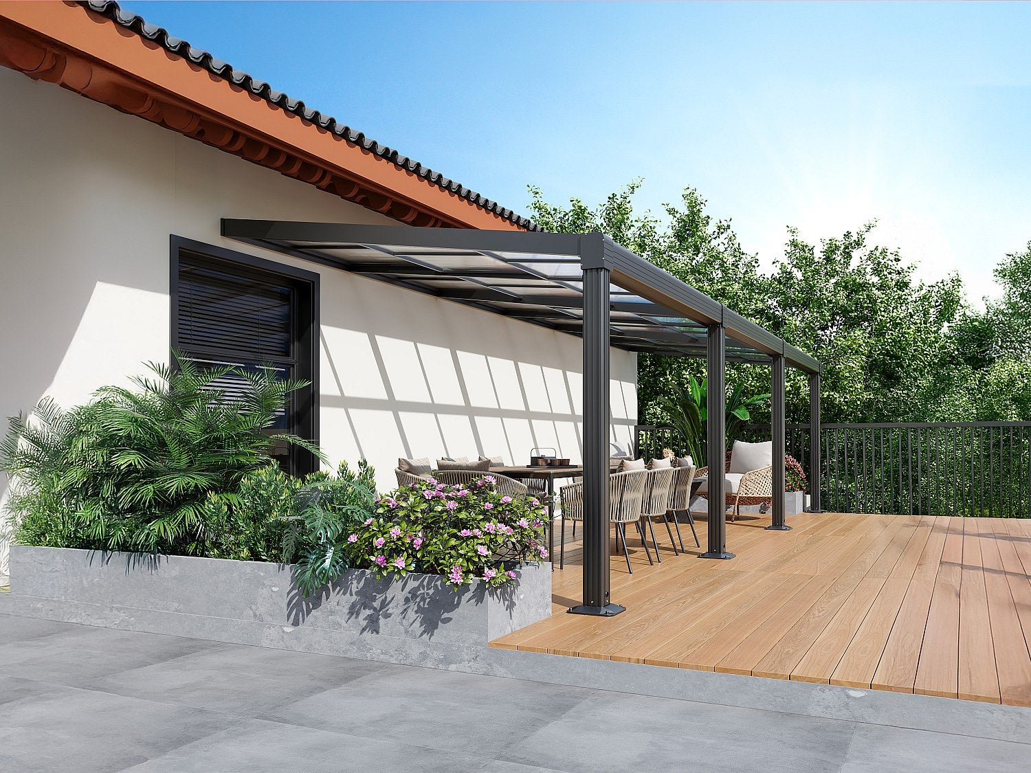 Pergola aluminiowa przyścienna z przesuwanym dachem - 27 m² - antracytowa - IZEDA