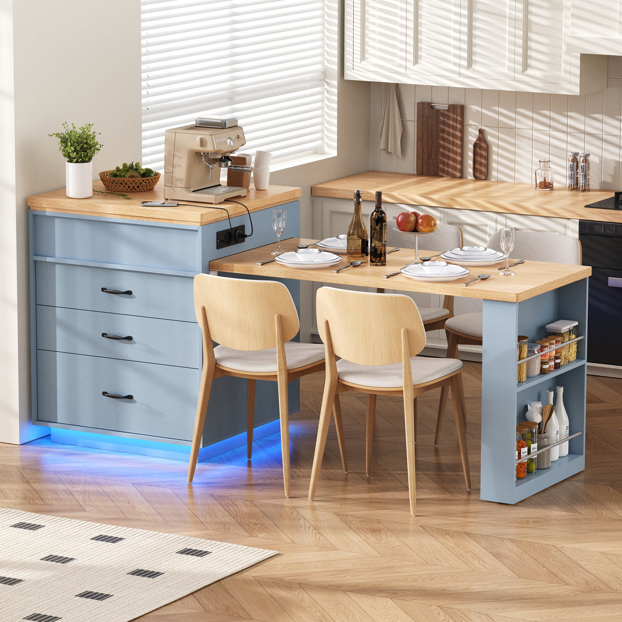 Wyspa kuchenna ze stołem jadalnym, 3 szufladami i wysuwaną półką - 125,5 x 71 x 93 cm - Płyta MDF - Gniazdka i diody LED - Niebieski + naturalny