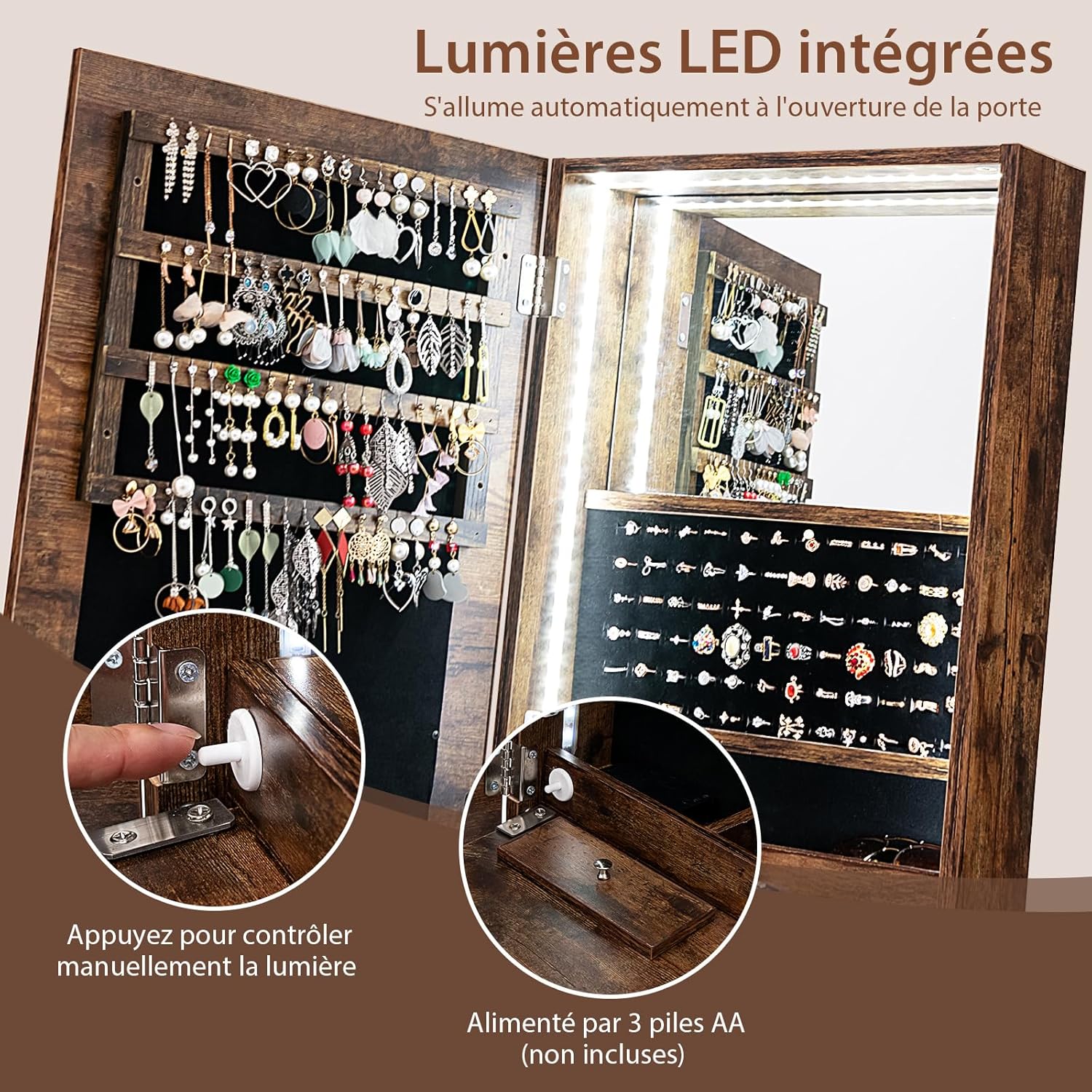 Armoire à Bijoux avec Miroir Pleine Longueur,Organisateur de Bijoux avec Miroir & Lumières LED Intégrées,Étagère de Maquillage Pliable(Marron) - 8