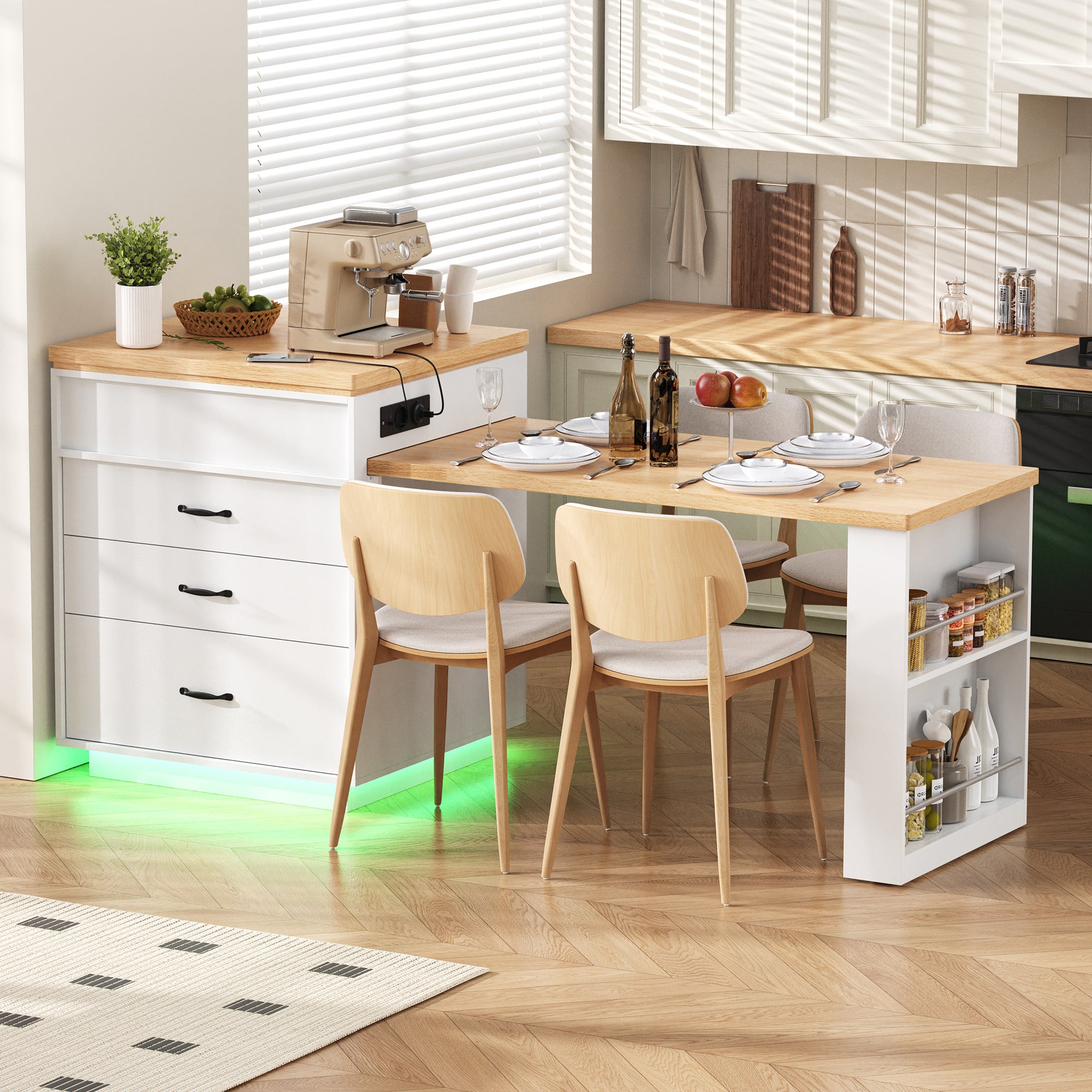 Wyspa kuchenna ze stołem jadalnym, 3 szufladami i wysuwaną półką - 125,5 x 71 x 93 cm - Płyta MDF - Gniazdka i diody LED - Kolor biały + naturalny