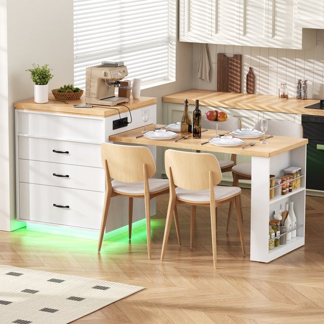 Wyspa kuchenna ze stołem jadalnym, 3 szufladami i wysuwaną półką - 125,5 x 71 x 93 cm - Płyta MDF - Gniazdka i diody LED - Kolor biały + naturalny