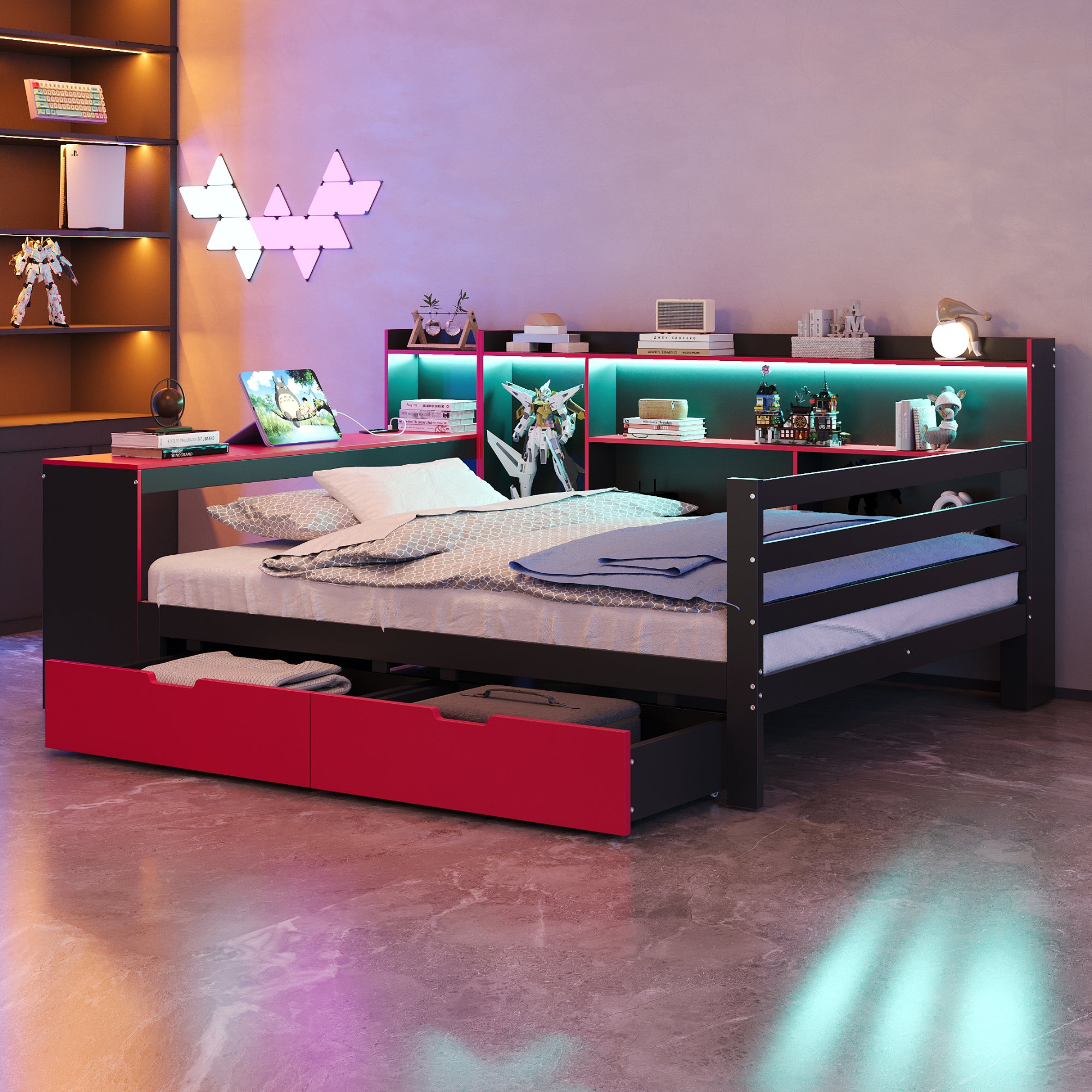 Sofa rozkładana 140 x 200 cm - ze schowkami - zintegrowanym oświetleniem - gniazdkiem elektrycznym - 2 szuflady - czarno-czerwona