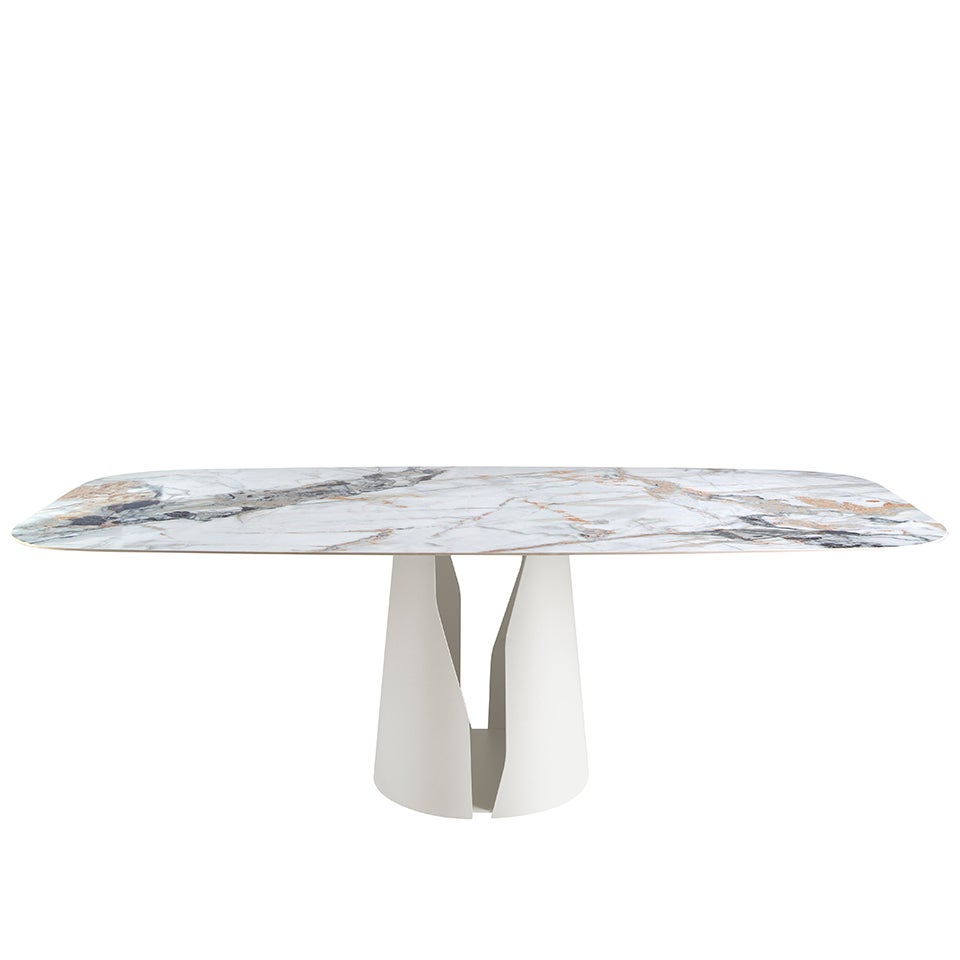 ANGEL CERDA Mesa comedor ovalada barril mármol porcelánico y acero blanco - 2