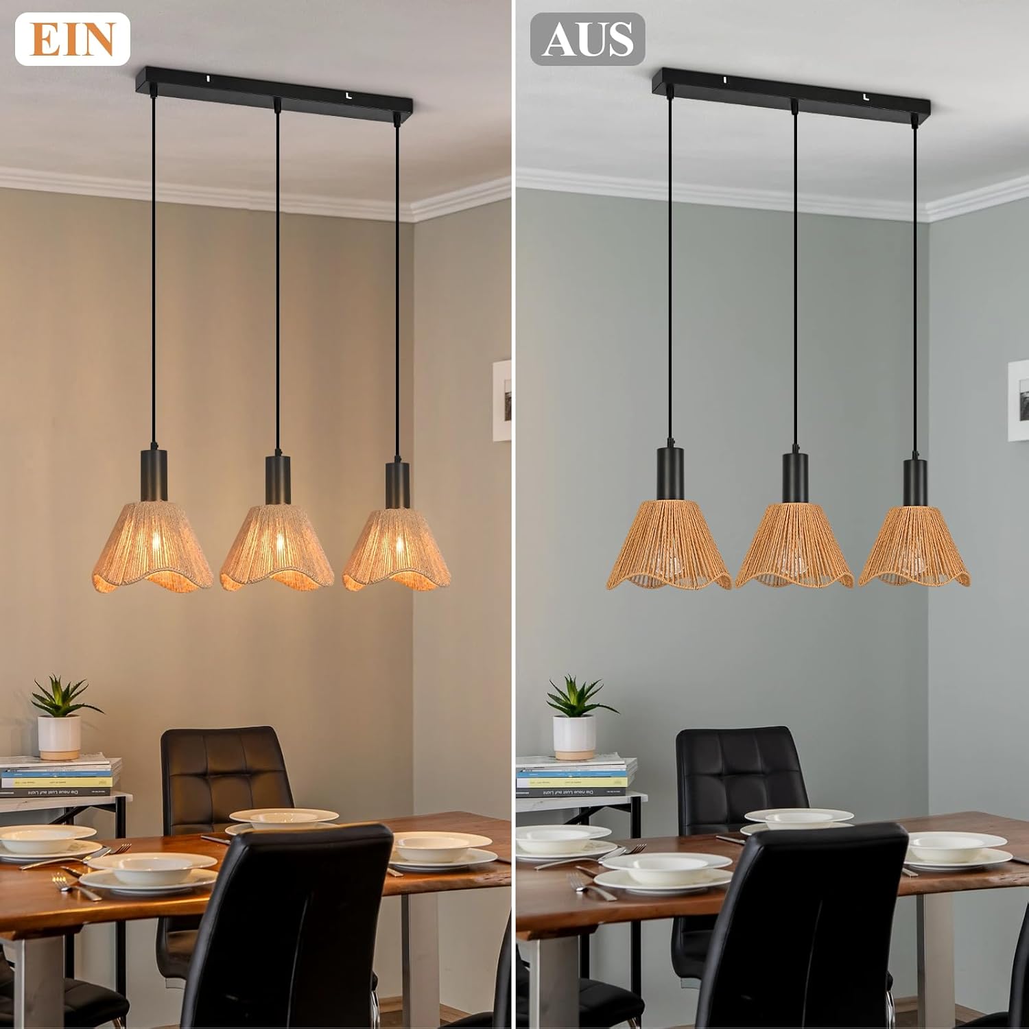 Lampa wisząca Nettlife Boho Rattan z 3 żarówkami – żyrandol z plecionej liny konopnej w stylu vintage, E27 (żarówki nie są dołączone) - 6