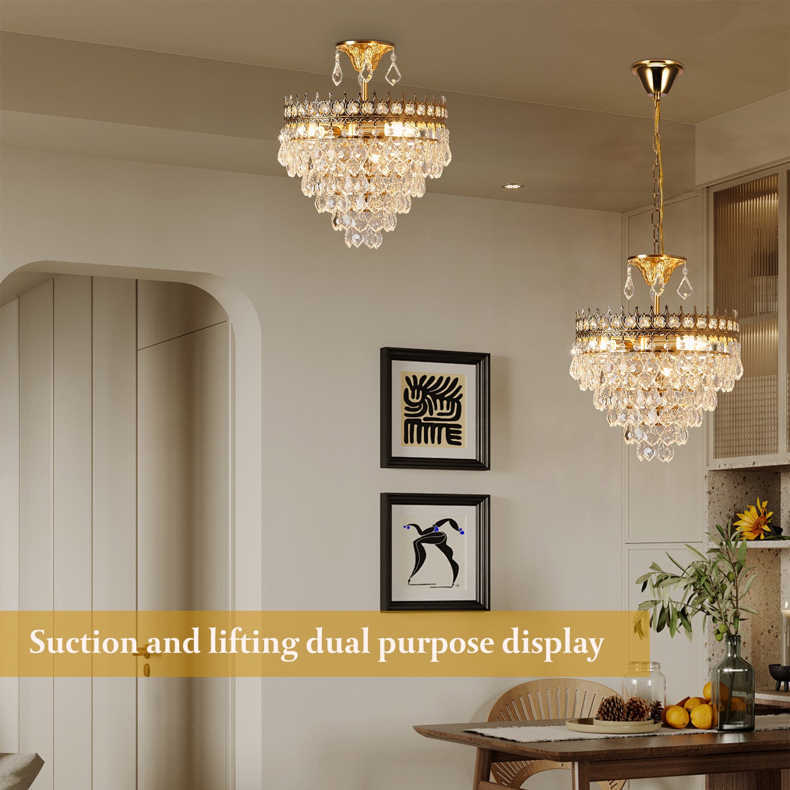 Lustres En Cristal, Plafonnier Doré Moderne, Luminaires Suspendus Ronds Double usage, Pour Salle À Manger, Entrée, Cuisine - 3