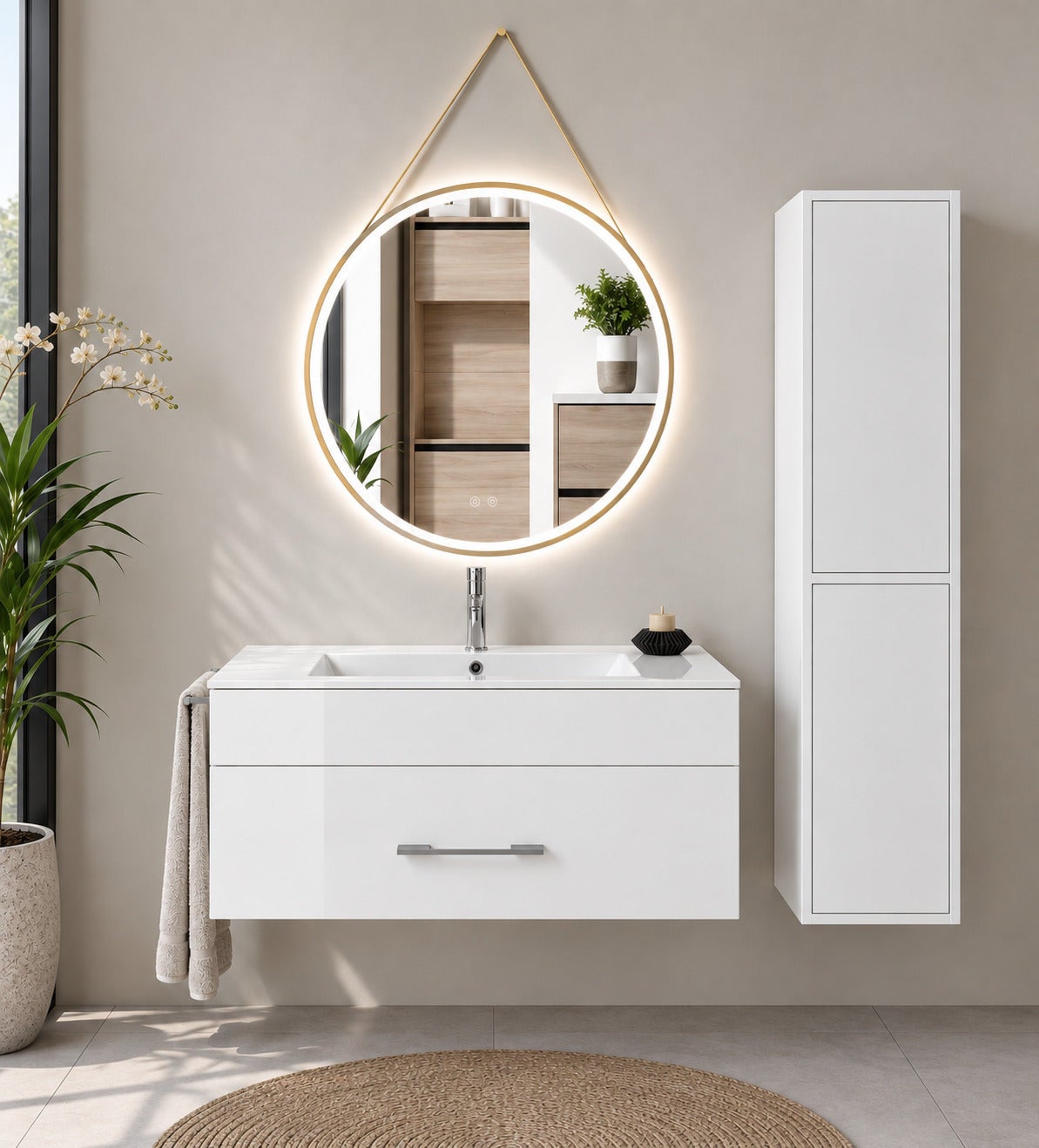 Mobilier de baie cu lavoar ORIGENBATH FLORENCIA fără oglindă 90x45 cm alb cu coloană