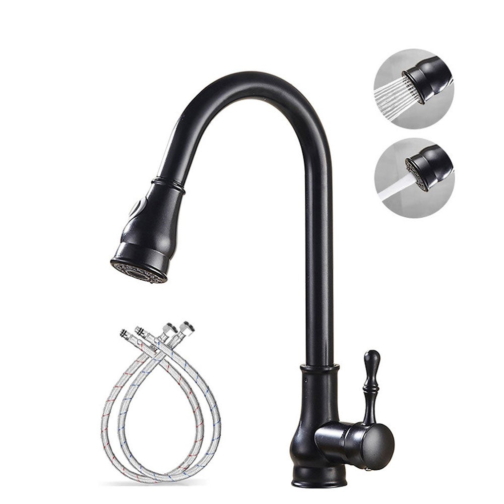 Bateria zlewozmywakowa kuchenna, dwufunkcyjna, z wyciąganą wylewką, obrotowa, wysuwana, jednouchwytowa, mosiądz czarny