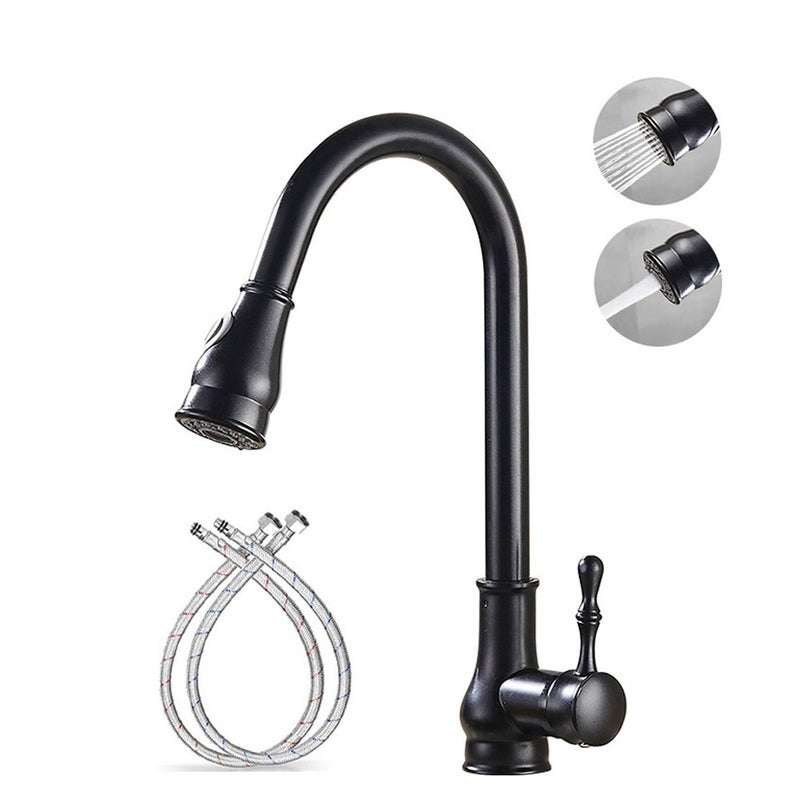 Bateria zlewozmywakowa kuchenna, dwufunkcyjna, z wyciąganą wylewką, obrotowa, wysuwana, jednouchwytowa, mosiądz czarny