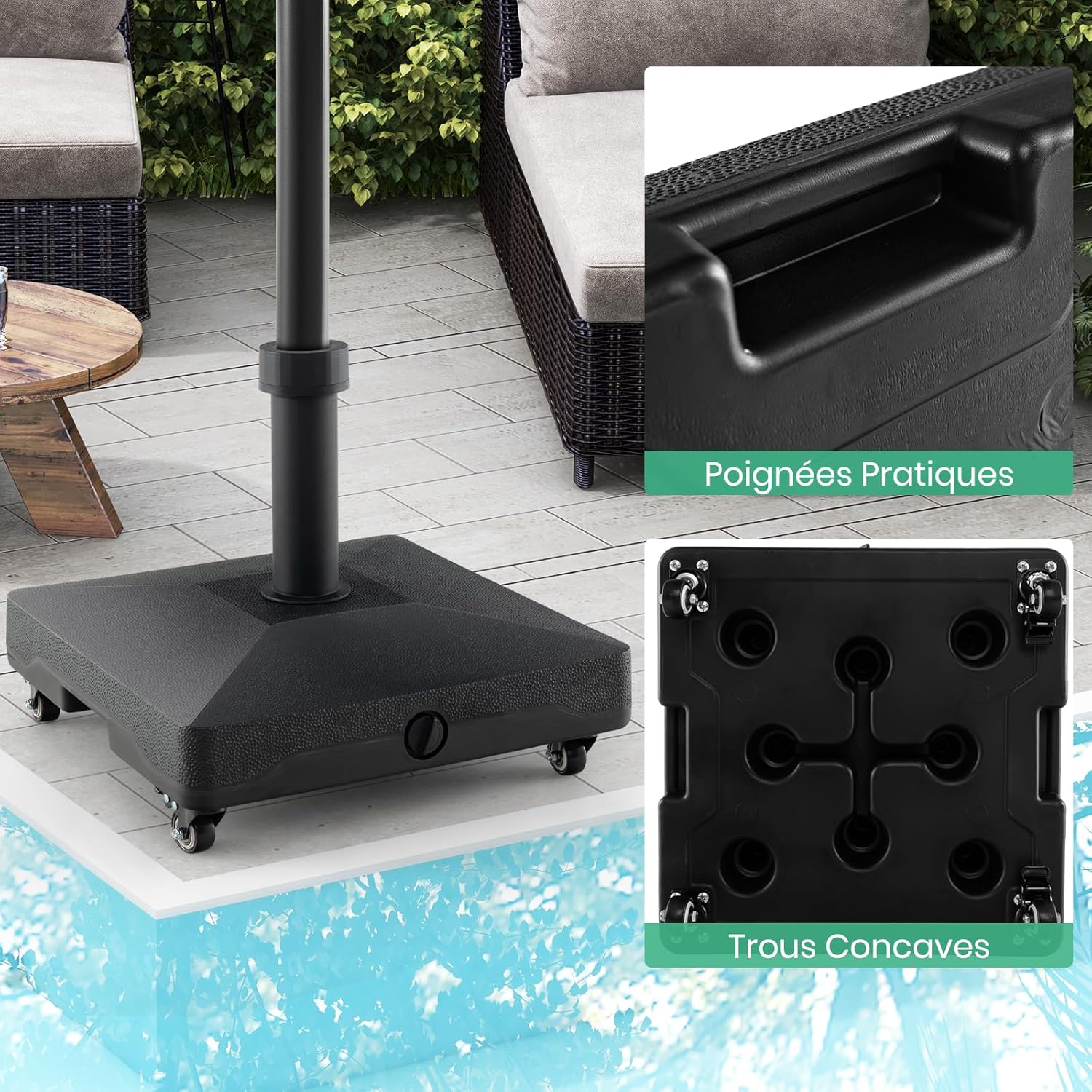 Pie de sombrilla con ruedas, soporte para sombrilla de 16 l y arena de 24,5 kg, apto para sombrilla Φ 32/48 mm, 2receptores, base sombrilla(52x41,5cm) - 7