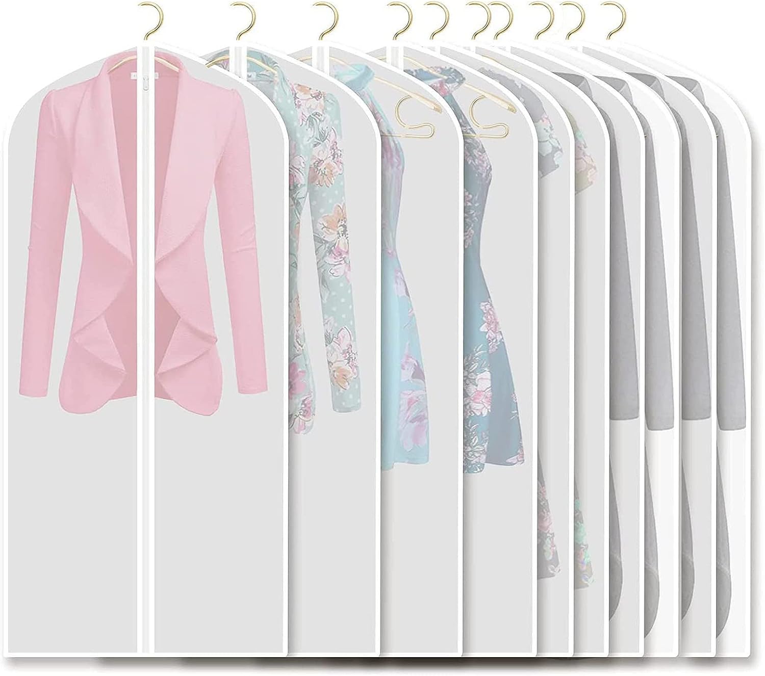10 szt. pokrowców na ubrania z zamkiem błyskawicznym, zmywalne, przezroczyste pokrowce na ubrania na długą sukienkę (60 x 140 cm) - białe