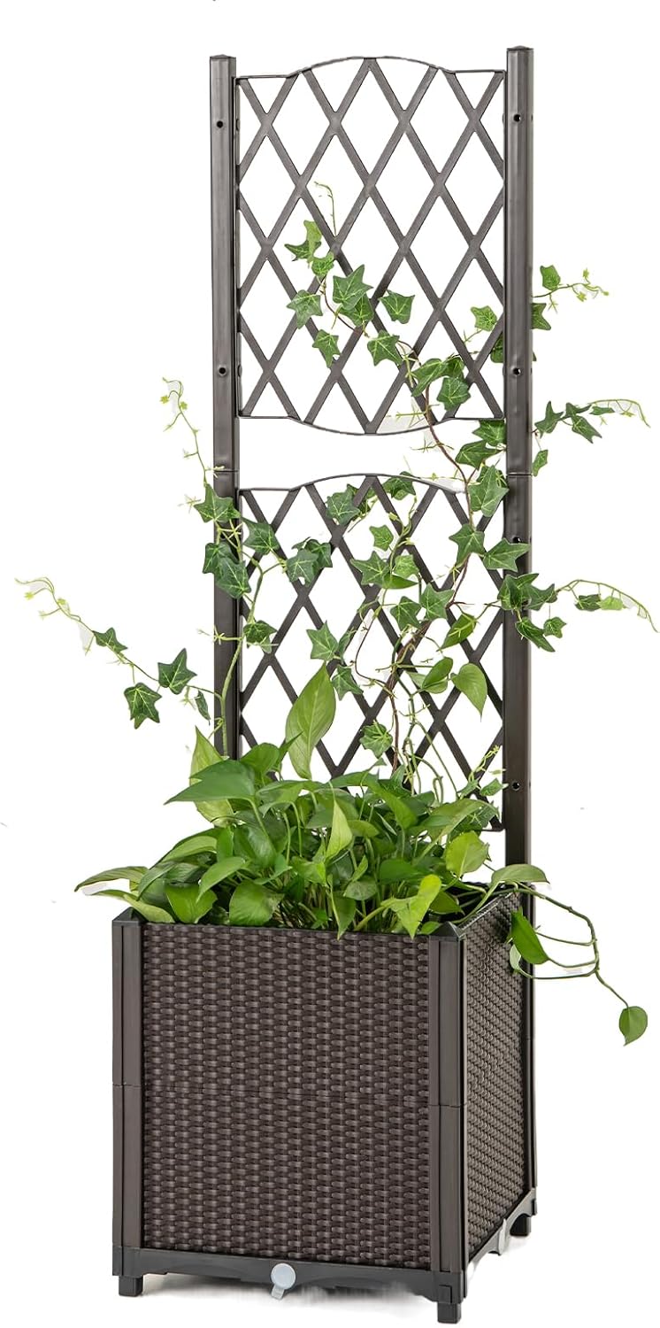 Podwyższona Donica z Kratką z Rattanu PP, Skrzynka na Kwiaty z Systemem Nawadniania i Otworami Drenażowymi, Montaż DIY (Brązowa, 40 x 40 x 140 cm)
