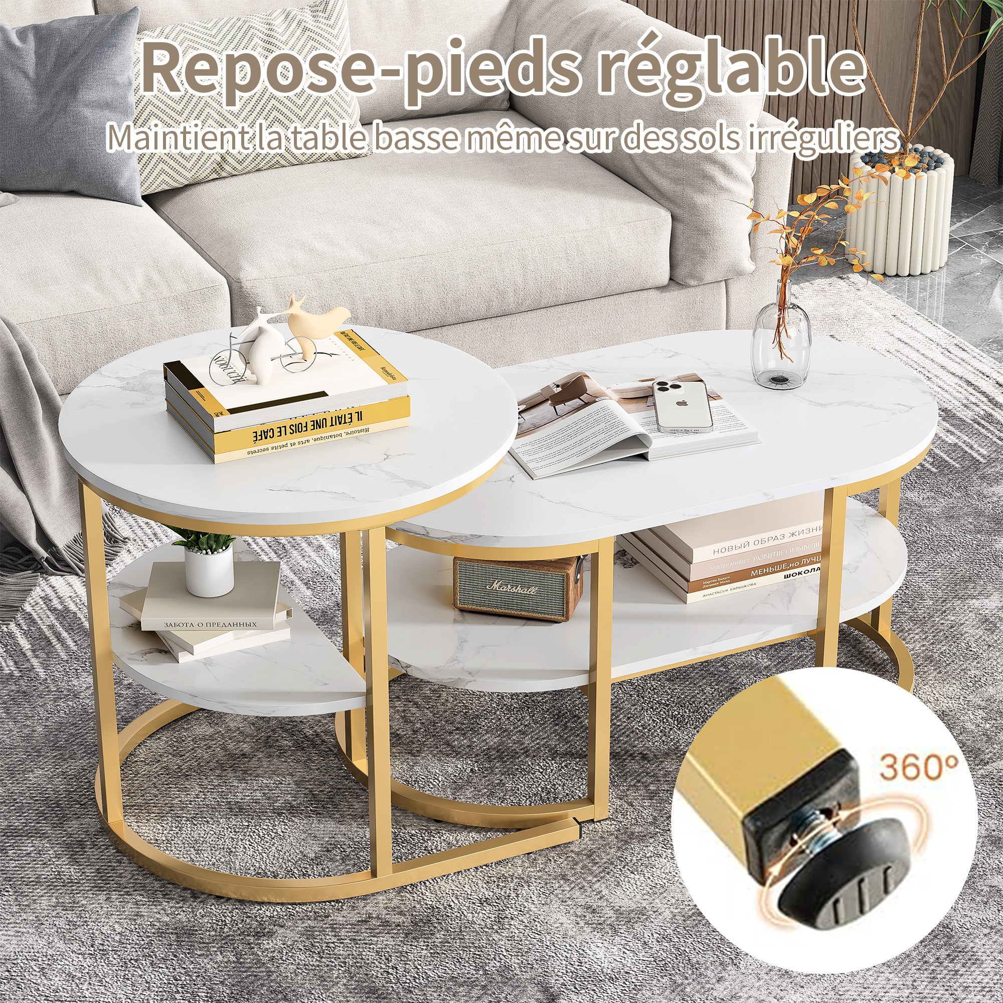 Lot 2 Tables basses gigognes ovale/ronde, 2 étagères, bois effet marbre, métal doré, scandinave, Blanc - 7