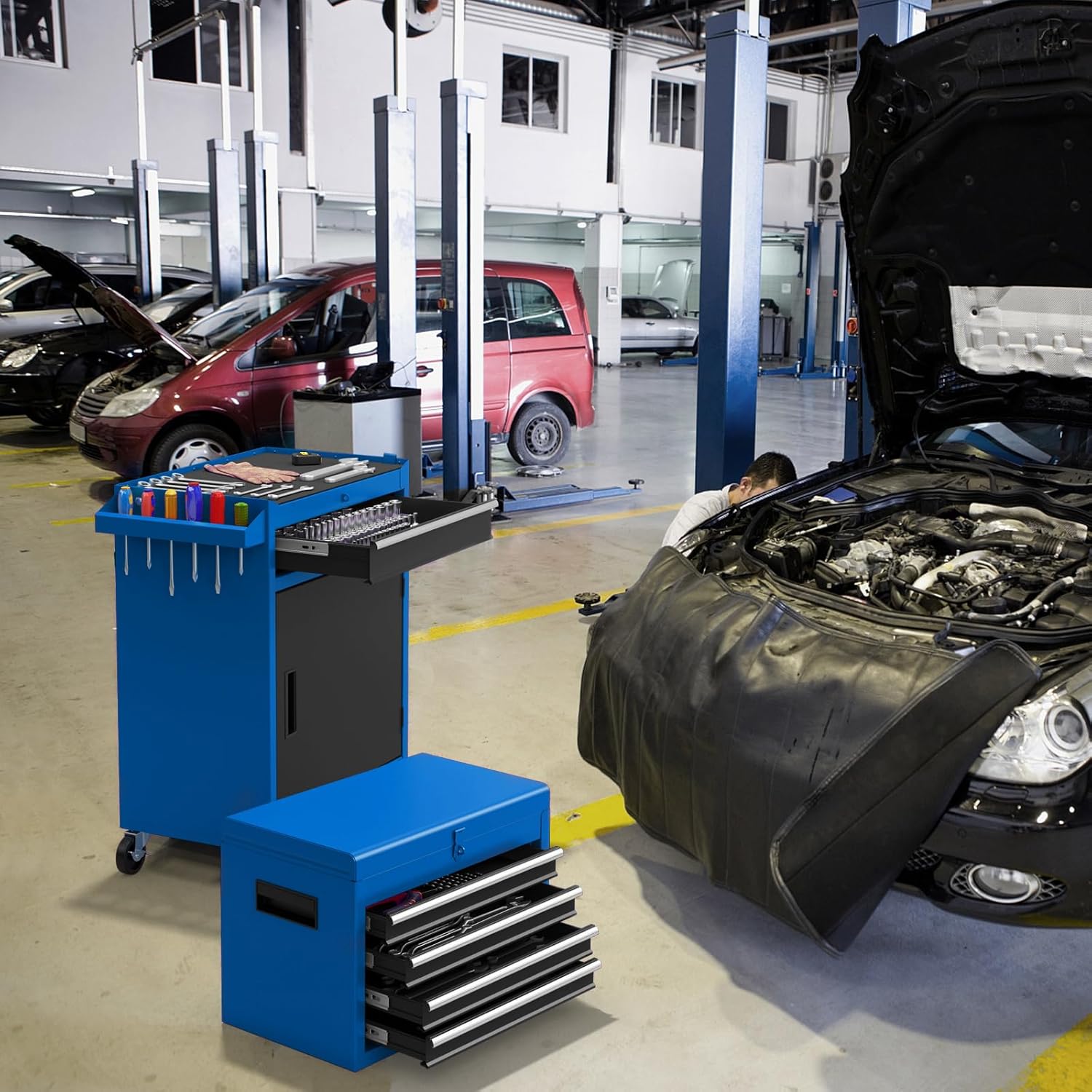 Servante Porte Outils à Tiroirs et Armoire de Rangement, Caisse à Outils Verrouillables Étagère Réglable Doublure, pour Garage Atelier (Bleu) - 2
