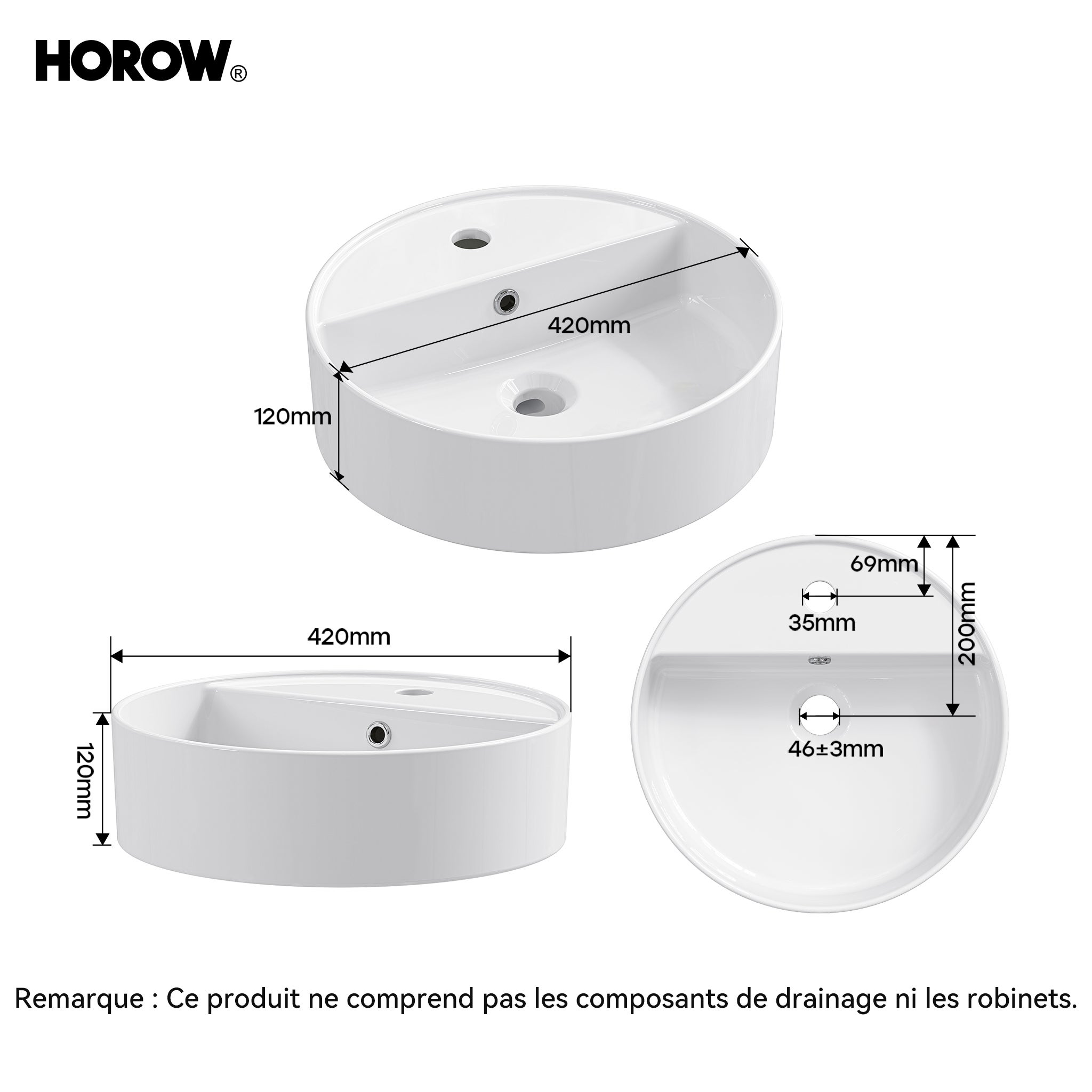 HOROW Vasque à poser, 42 cm Rond Lavabo à poser, blanc, Vasque lave mains avec trou pour robinet et trou de trop-plein - 7