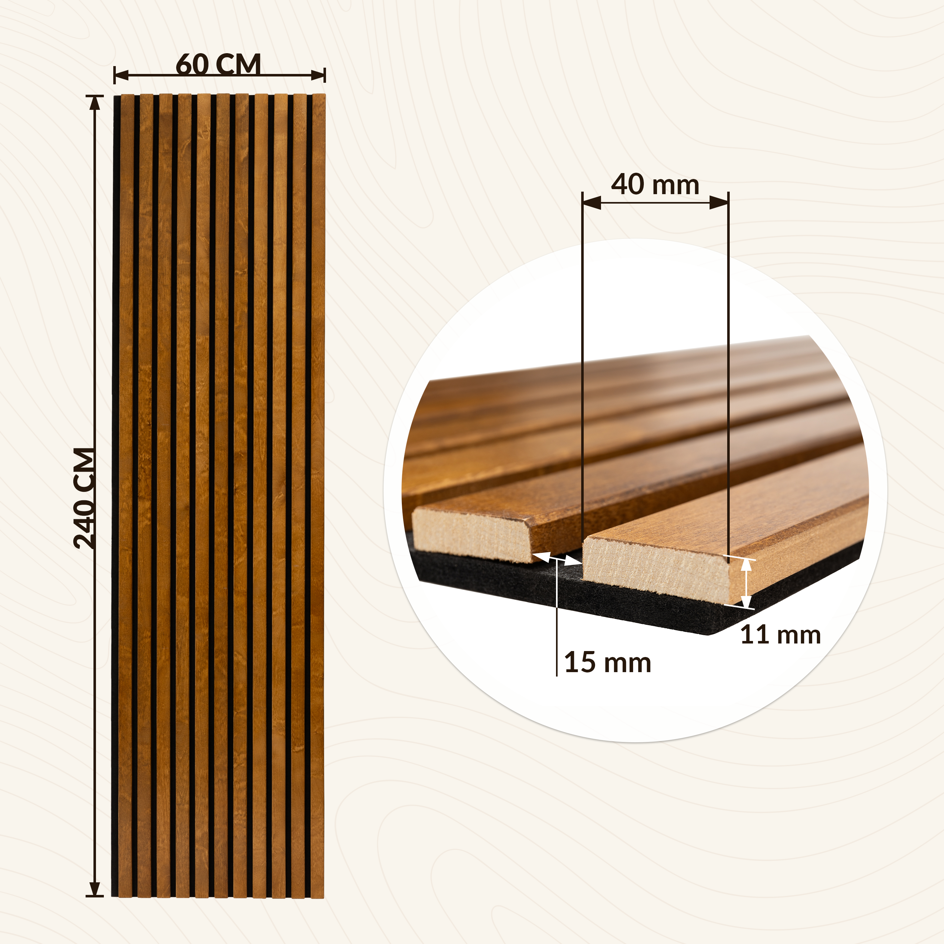 Lot de 2 Panneau Tasseau Acoustique en Bois - Bois de Bouleau Massif - 2400x600mm - Lattes 40mm, Support en Feutre Noir - 3