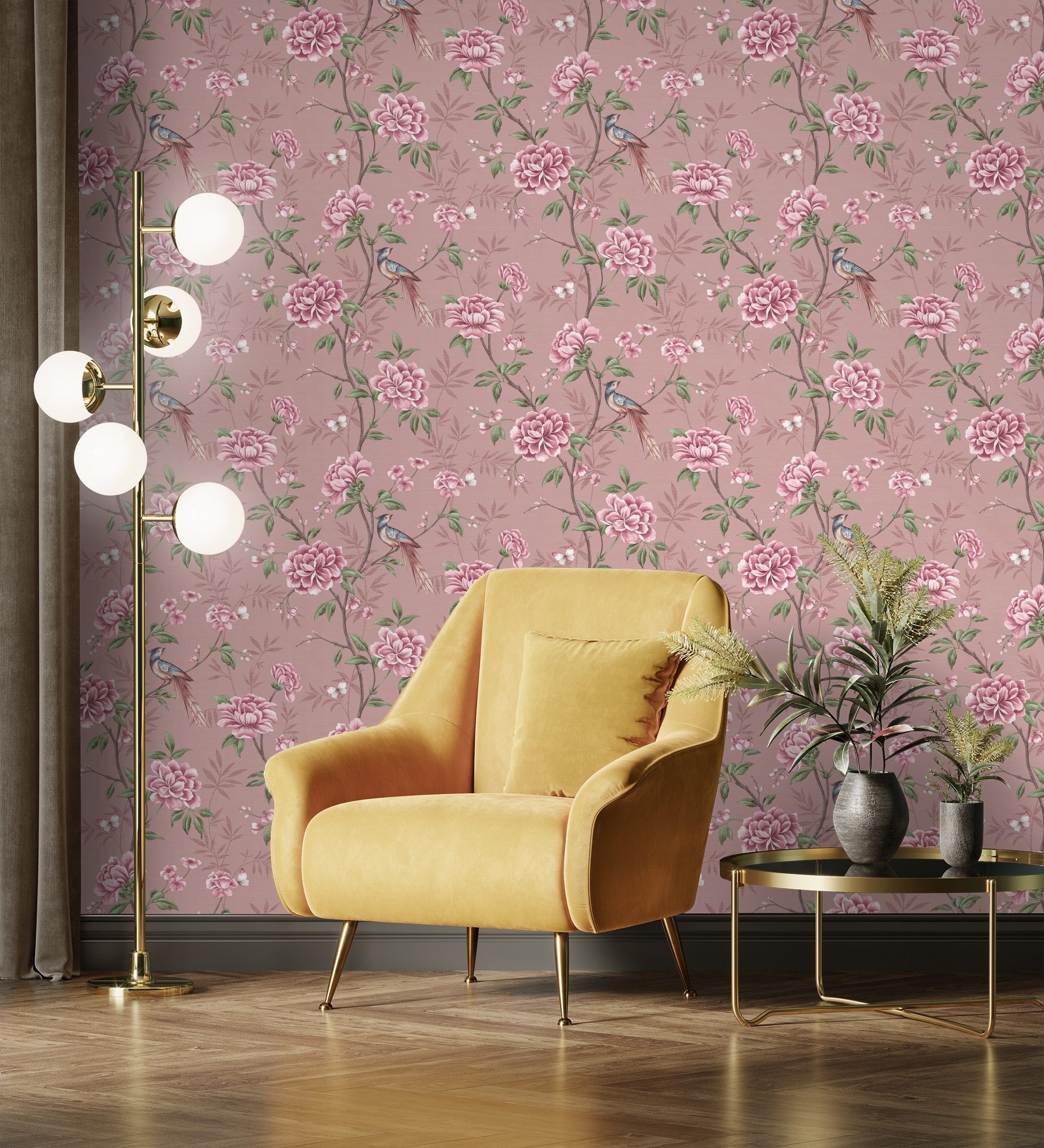 Papier peint d'oiseaux et fleurs sur fond texturé effect fibre végétale rose - Nora Garden 681990 de GAULAN - Rouleaux de 10 m x 0,52 m - 7