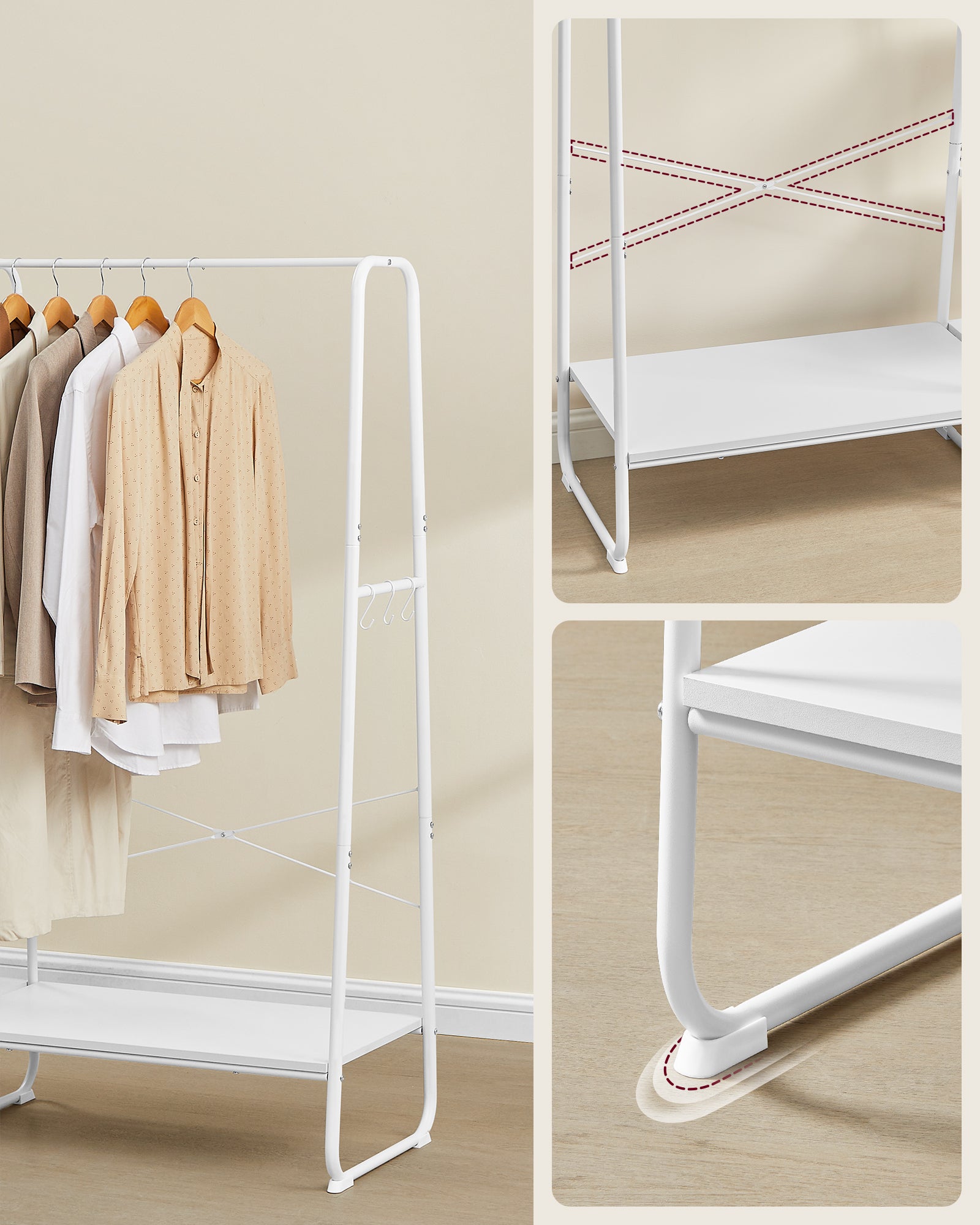 Porte-manteau sur Pieds, avec 5 Étagèress de Rangement, 6 Crochets, pour Chambre, Salon, Couloir, Style Industriel, Blanc Nuage et Blanc Mat - 3