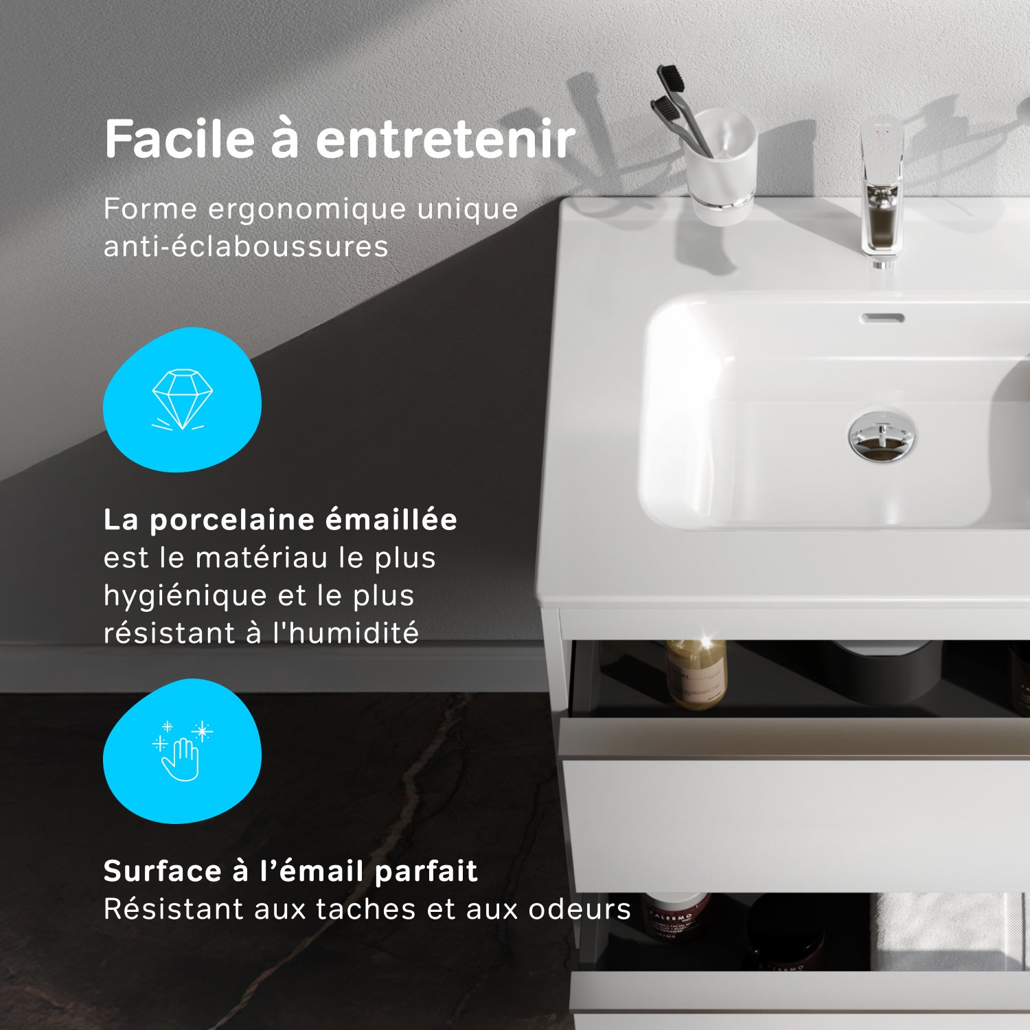 Meuble salle de bains avec Vasque en Céramique Meuble simple vasque suspendu 60 cm avec lavabo intégré, 2 tiroirs, design, Blanc Brillant&nbsp; – AM.PM - 4