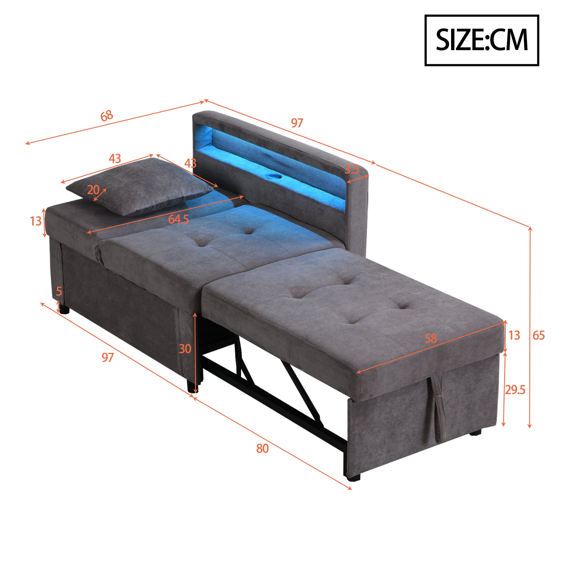 Divano 177x68x65cm 3 in 1 multifunzionale reclinabile 5 posizioni rivestimento grigio scuro - 3