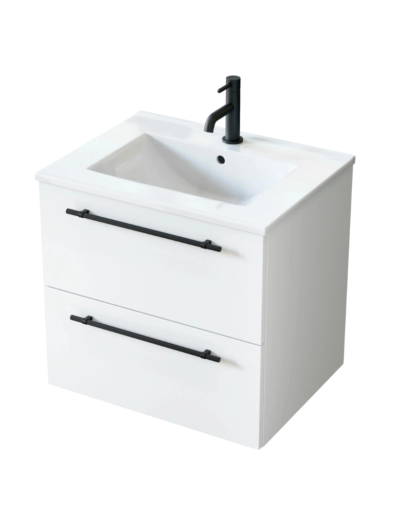 Zestaw szafka łazienkowa z umywalką ceramiczną Uptrend NAVA 60, 0D2S Biały Mat, uchwyt czarny mat 1 kpl.