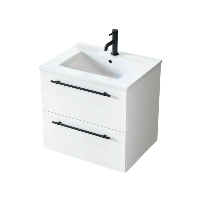 Zestaw szafka łazienkowa z umywalką ceramiczną Uptrend NAVA 60, 0D2S Biały Mat, uchwyt czarny mat 1 kpl.