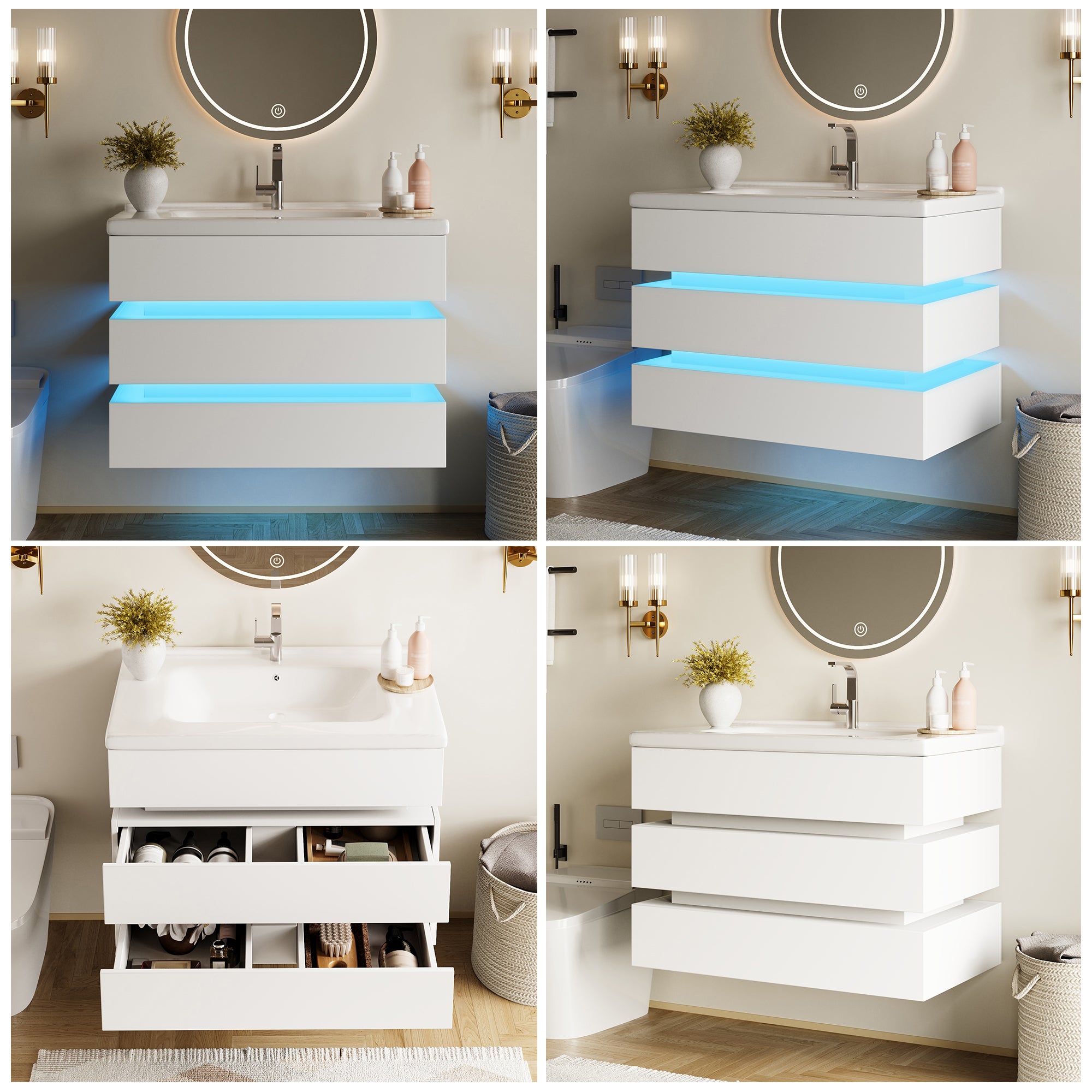 Szafka łazienkowa wisząca z pojedynczą ceramiczną umywalką i 2 szufladami - 81 x 47,5 x 57 cm - System cichego zamykania i diody LED - MDF - Biały