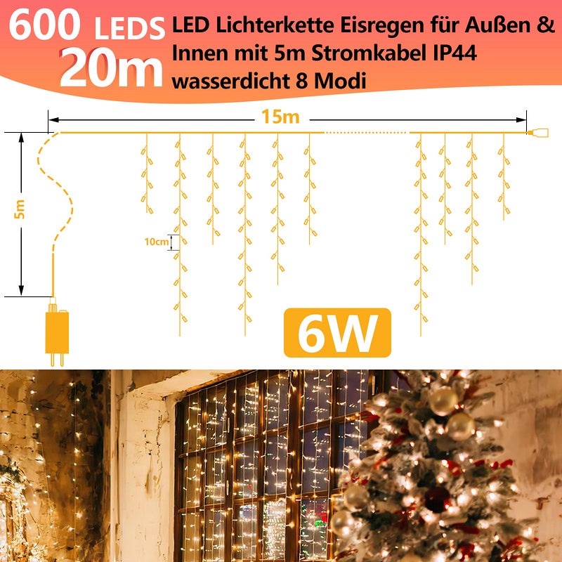 Guirlande Lumineuse Cône De Glace - 320 LED, 20 Glaçons, 4m, IP65, Minuterie, Pour Déco Noël Extérieur/Intérieur