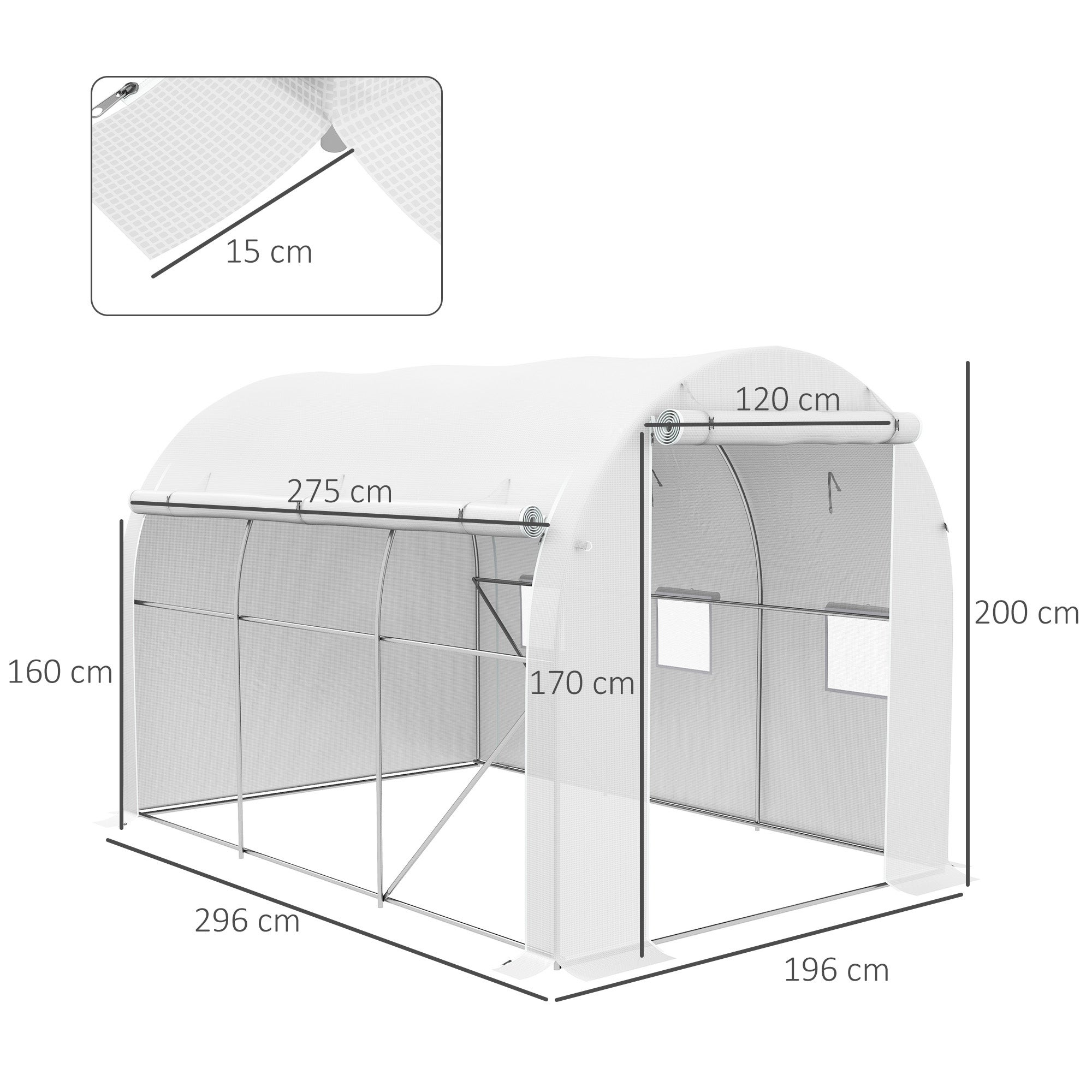 Serre de jardin 6 m² dim. 3 x 2 m avec 1 porte + 2 parois latérales zippées enroulables, 6 fenêtres, Blanc - 5