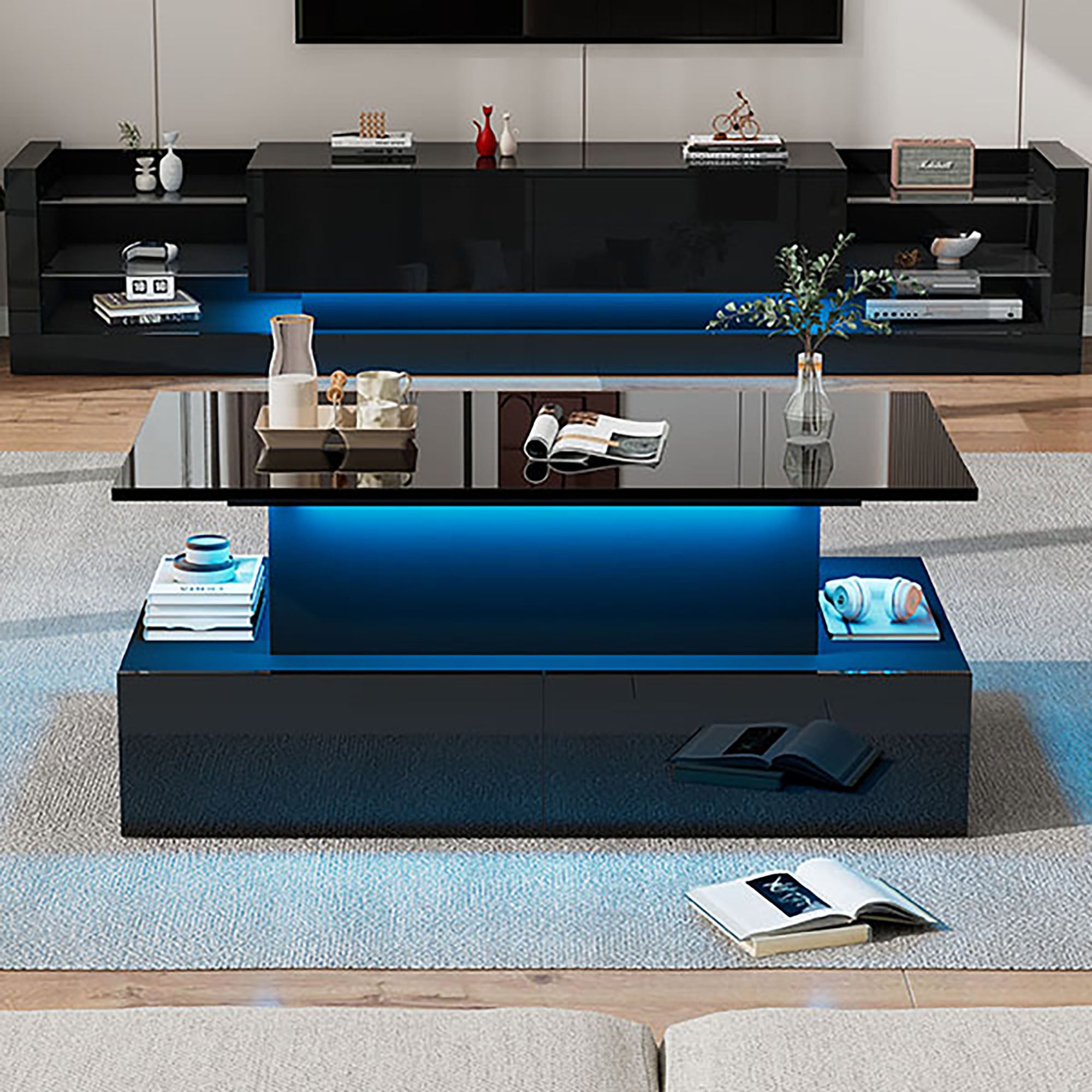 Table Basse Relevable LED - Noire Et Blanche Laquée - Hauteur Réglable + éclairage RGB Bluetooth - Plateau Verre Trempé 100x49 Cm