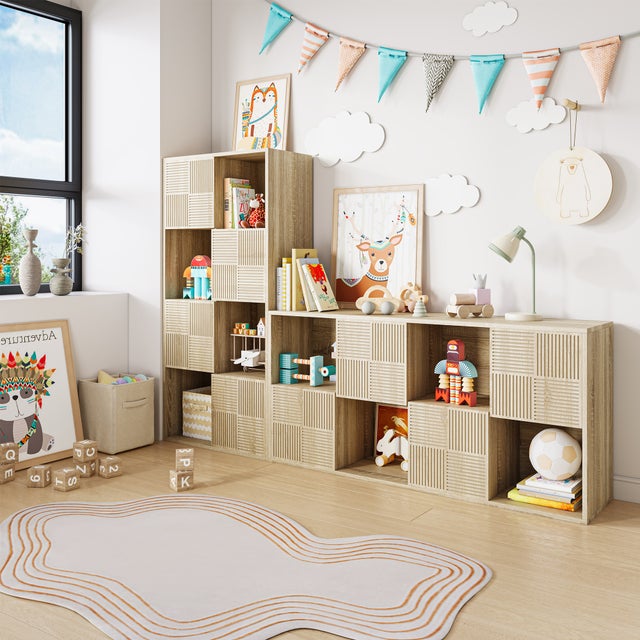 Bibliothèque en bois avec 8 Cubes, 125x30x60cm, Compartiment de Rangement Ouvert et 4 Portes, Étagère de Rangement Modulaire