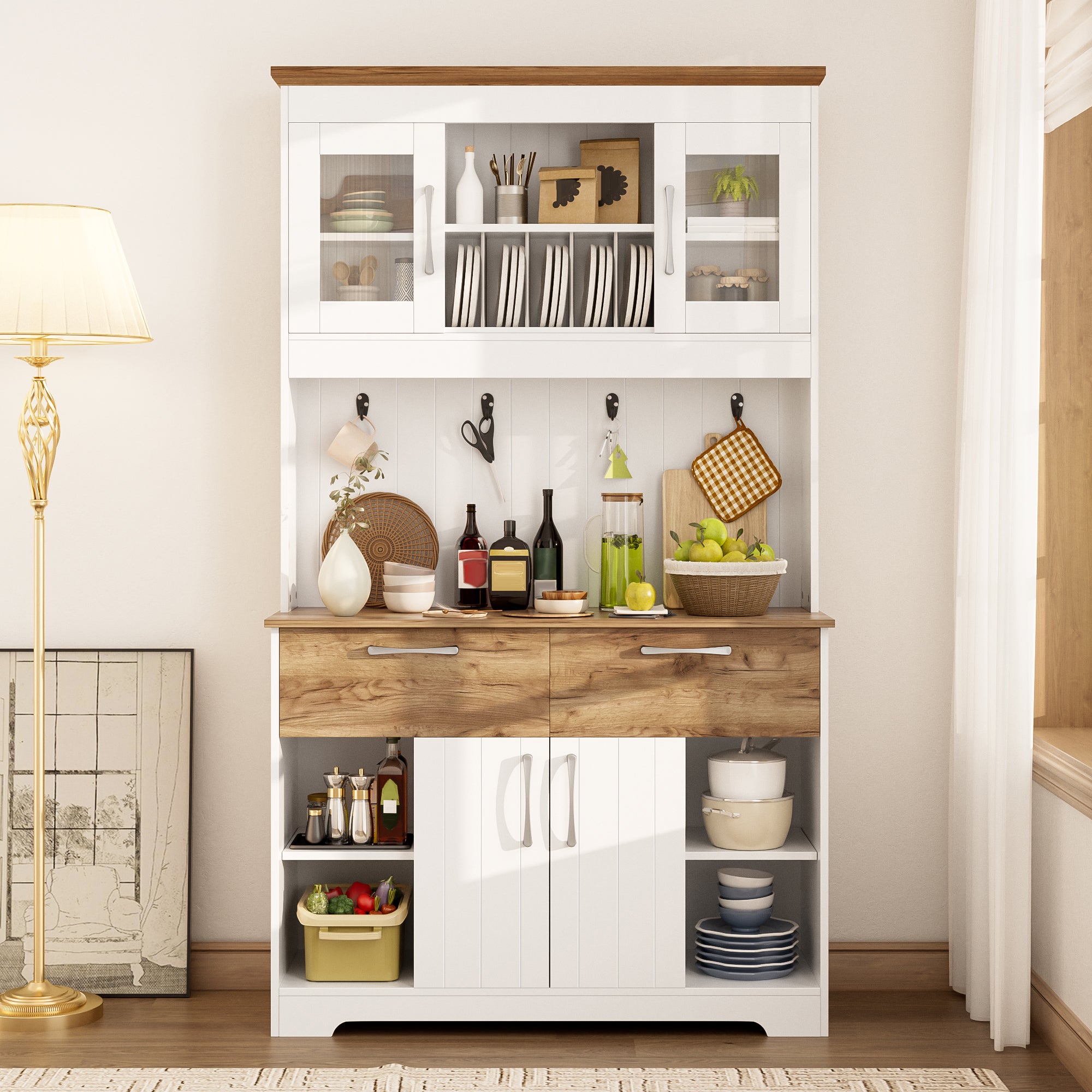 Kredens kuchenny z 2 szufladami, półkami i 4 drzwiami - Płyta wiórowa - 106 x 39 x 176,5 cm - Kolor biały z efektem drewna