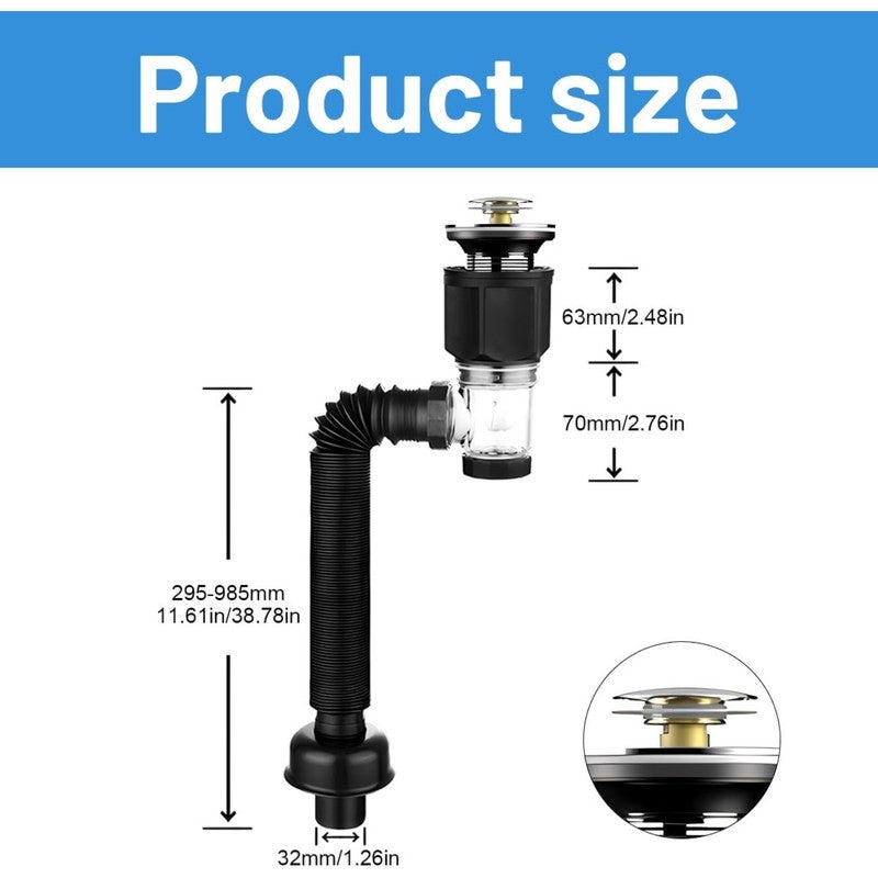 Kit de vidange d'évier, siphon d'évier avec tuyau de vidange flexible télescopique et bouchon d'évier escamotable, siphon d'évier de cuisine - 2
