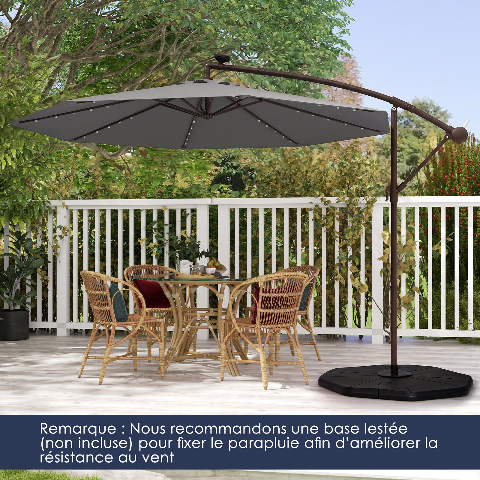 Sombrilla voladiza 3M con luz LED, sombrilla de jardín de 8 varillas con base en cruz, sombrilla grande inclinable con manivela para patio y terraza - 2