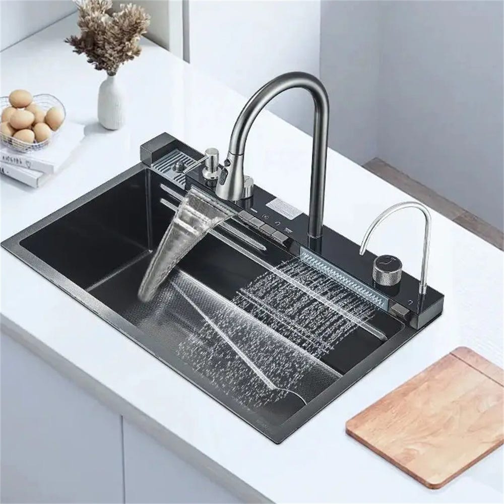 Fregadero de cocina de gran tamaño, tipo cascada de un solo seno