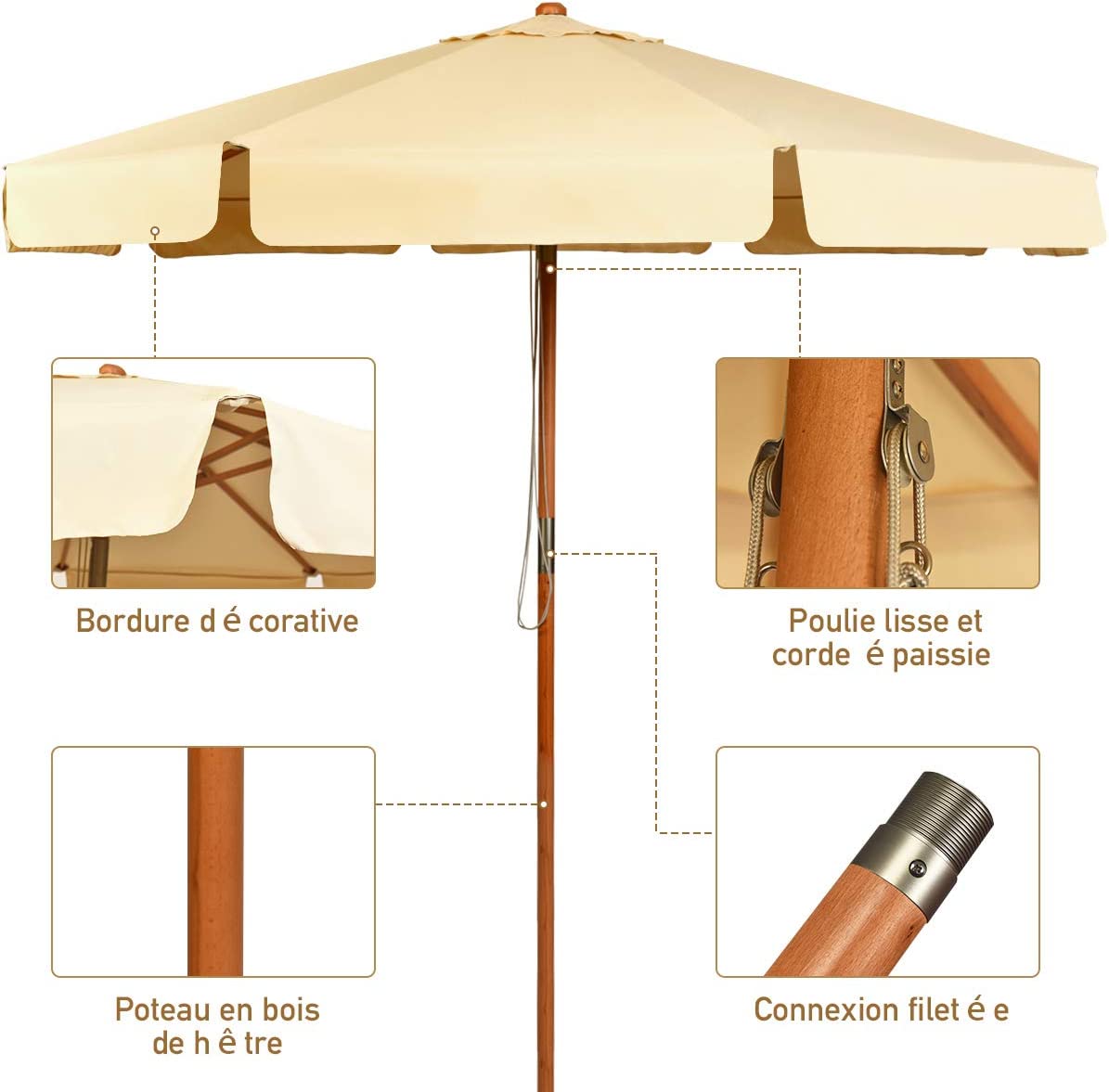parasol inclinable ø300cm avec manivelle anti-uv,protection solaire toile polyester imperméable pour jardin,terrasse, balcon - 4
