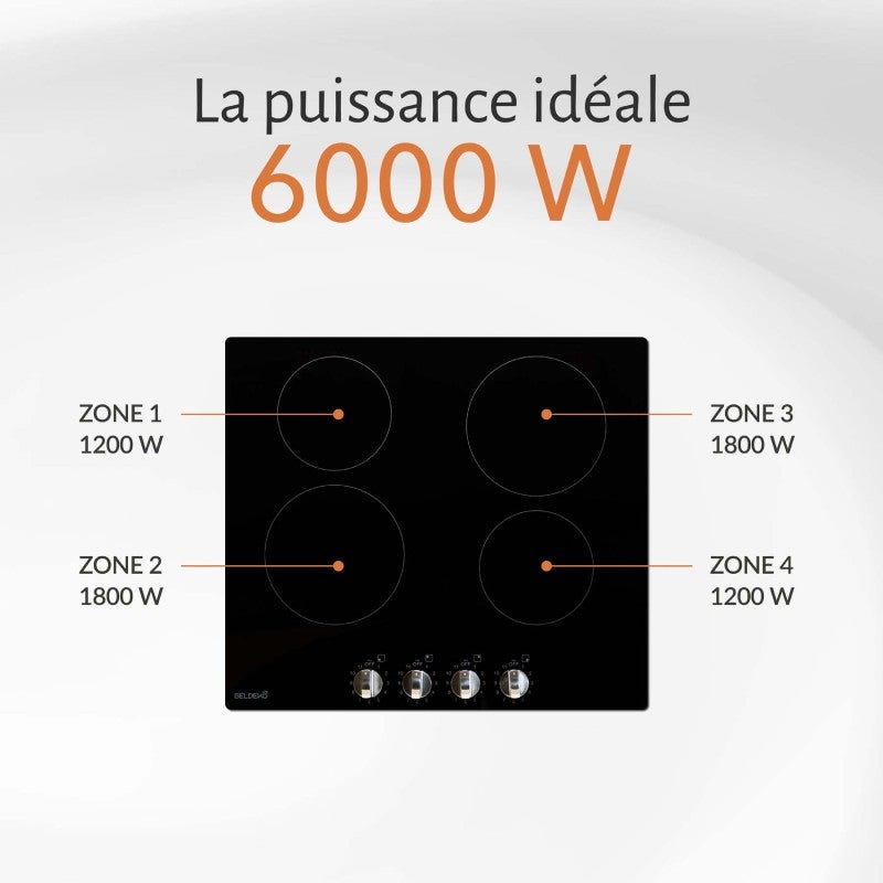 BELDEKO - Plaque de Cuisson Vitrocéramique 4 Foyers Encastrable avec Boutons de contrôle - 6000W - 5