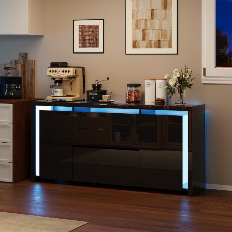 Buffet de salon 160 cm avec 1 grand tiroir,meuble de Rangement avec étagère réglable,commode à 4 portes, noir sideboard pour salon, salle à manger, chambre à coucher, noir et doré