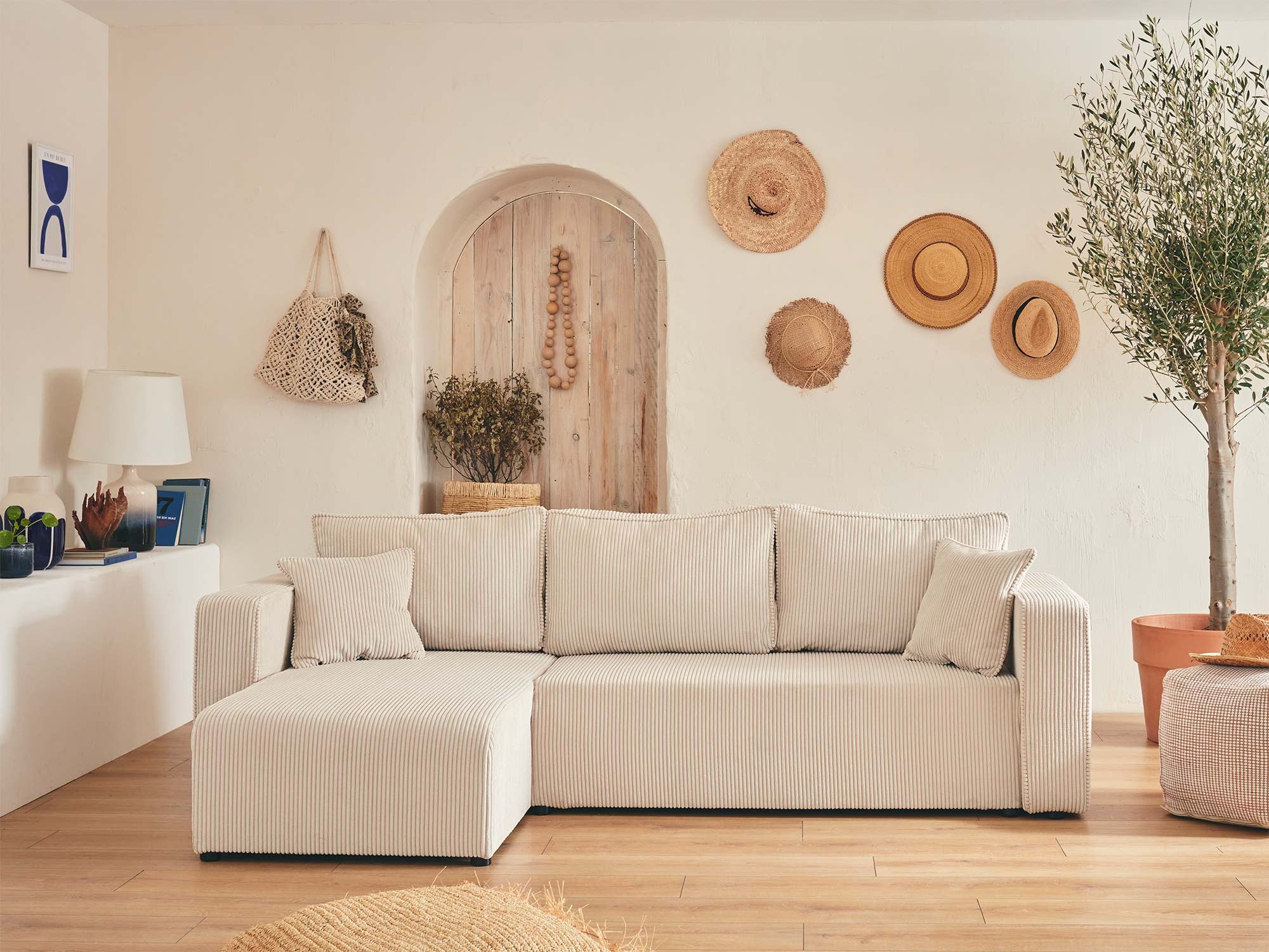 Canapé d'angle réversible convertible 4 places en velours côtelé beige - TOPAZE - Best Mobilier - 6