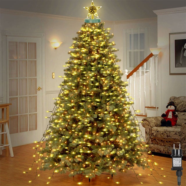 LED Światła choinka z gwiazdą 2 m, 410 diod LED, oświetlenie choinkowe, 8 trybów pracy,girlandami lampki choinkowe do dekoracji choinki Ciepła biała