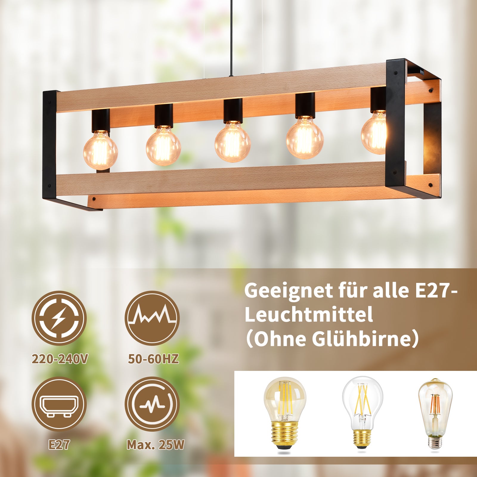 NETTLIFE Suspension lampe de salle à manger vintage en bois noire E27 5 flammes table à manger industrielle - 4